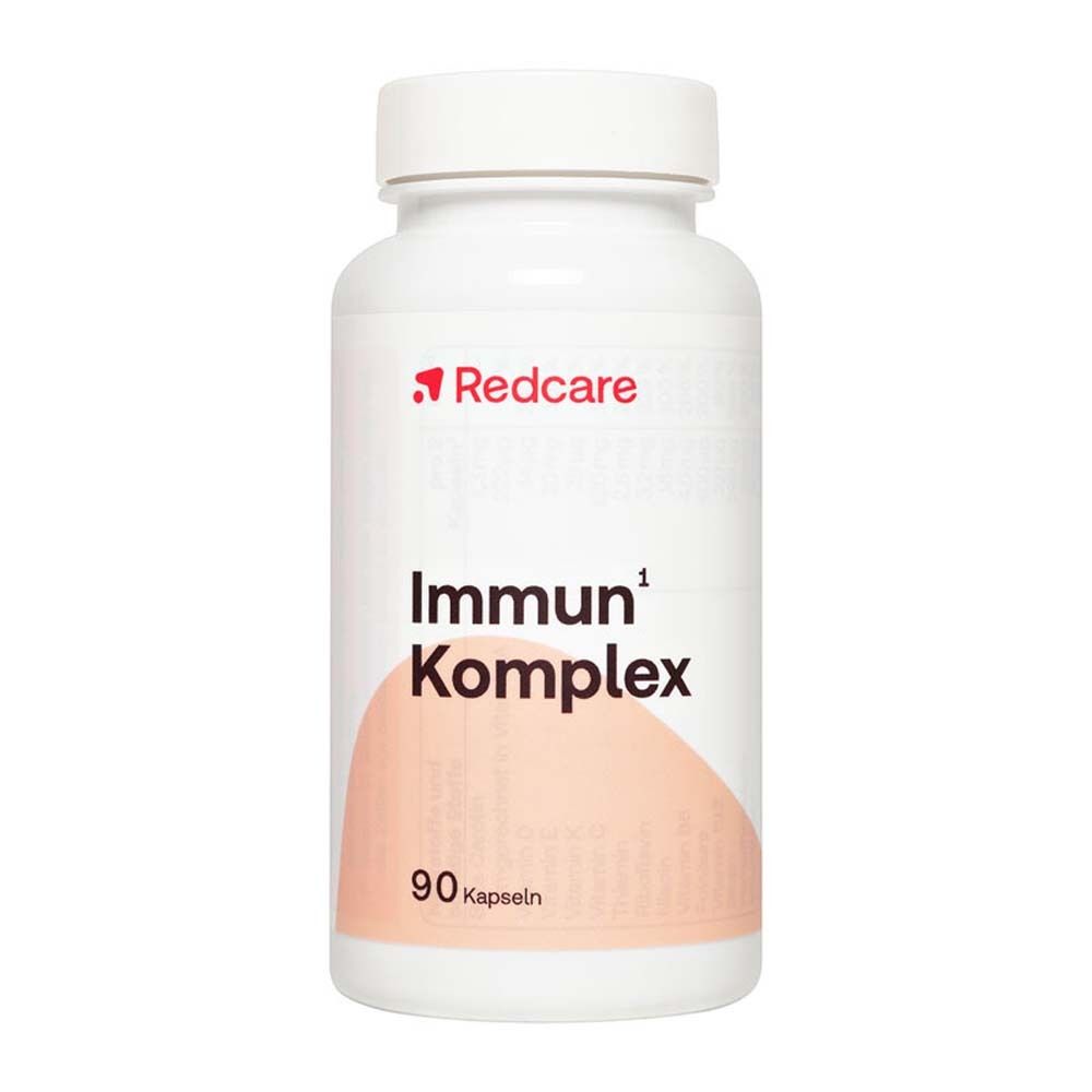 Flacon blanc de gélules. Inscription: Redcare Immun Komplex. 90 gélules.