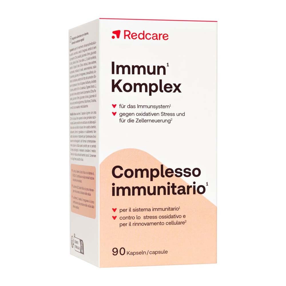 Boîte avec inscription: Redcare Immun Komplex. 90 gélules. Texte en allemand et italien.