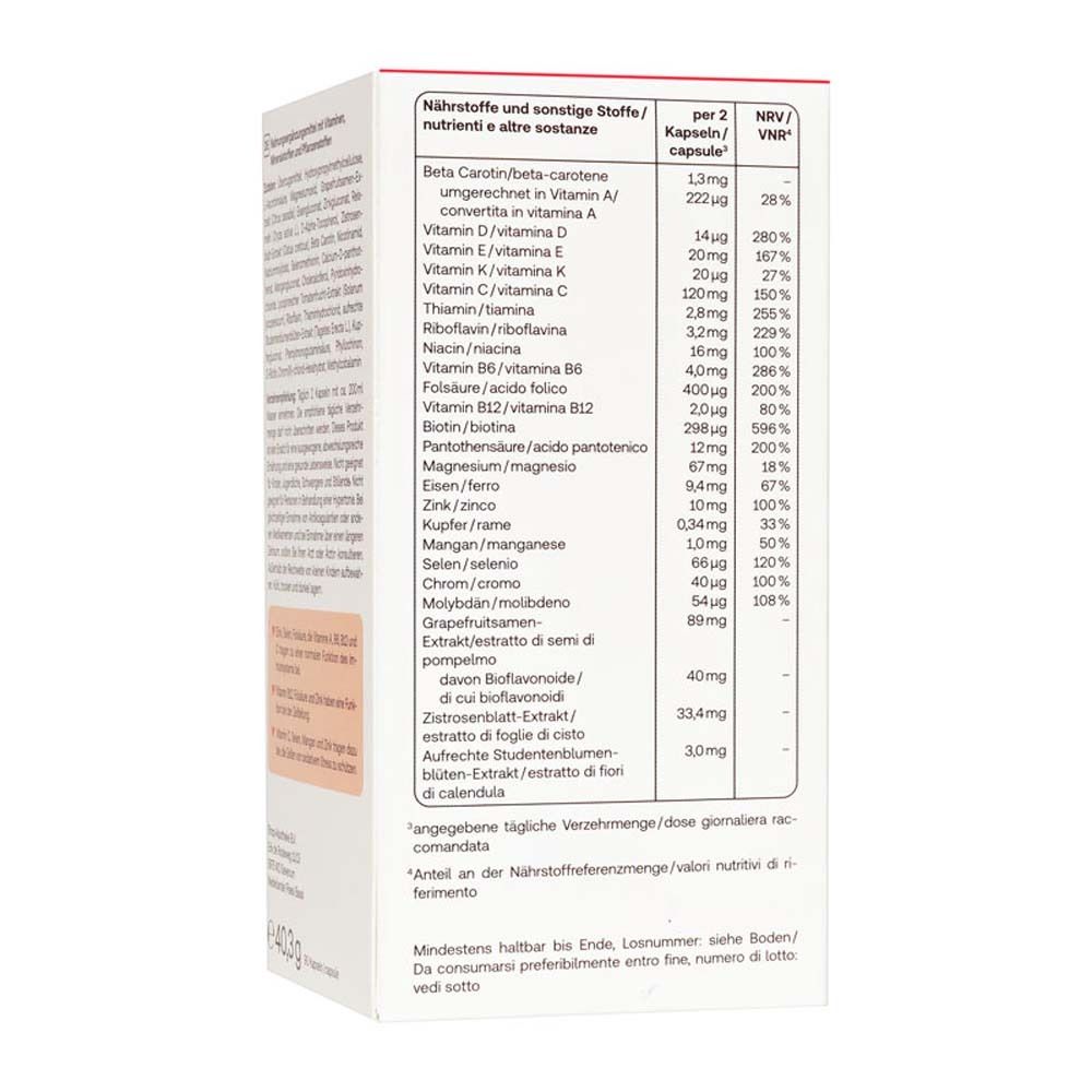 Vue détaillée du tableau nutritionnel sur l'emballage. Texte en allemand.