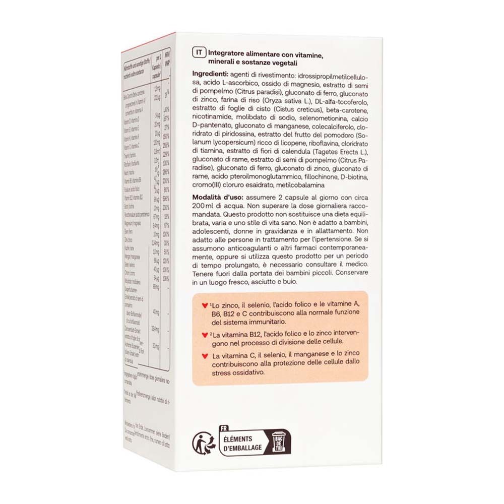 Dos de l'emballage avec ingrédients et instructions d'utilisation. Texte en italien.