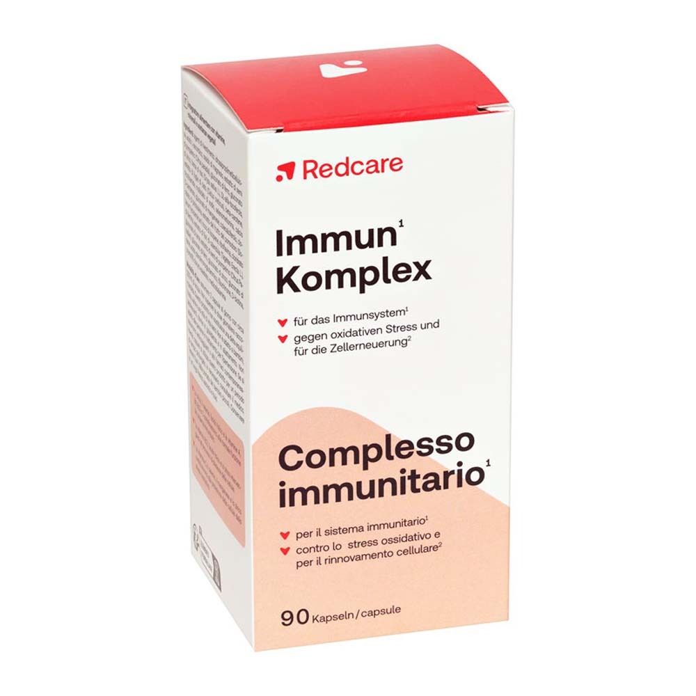 Boîte avec inscription: Redcare Immun Komplex. 90 gélules. Texte en allemand et italien.