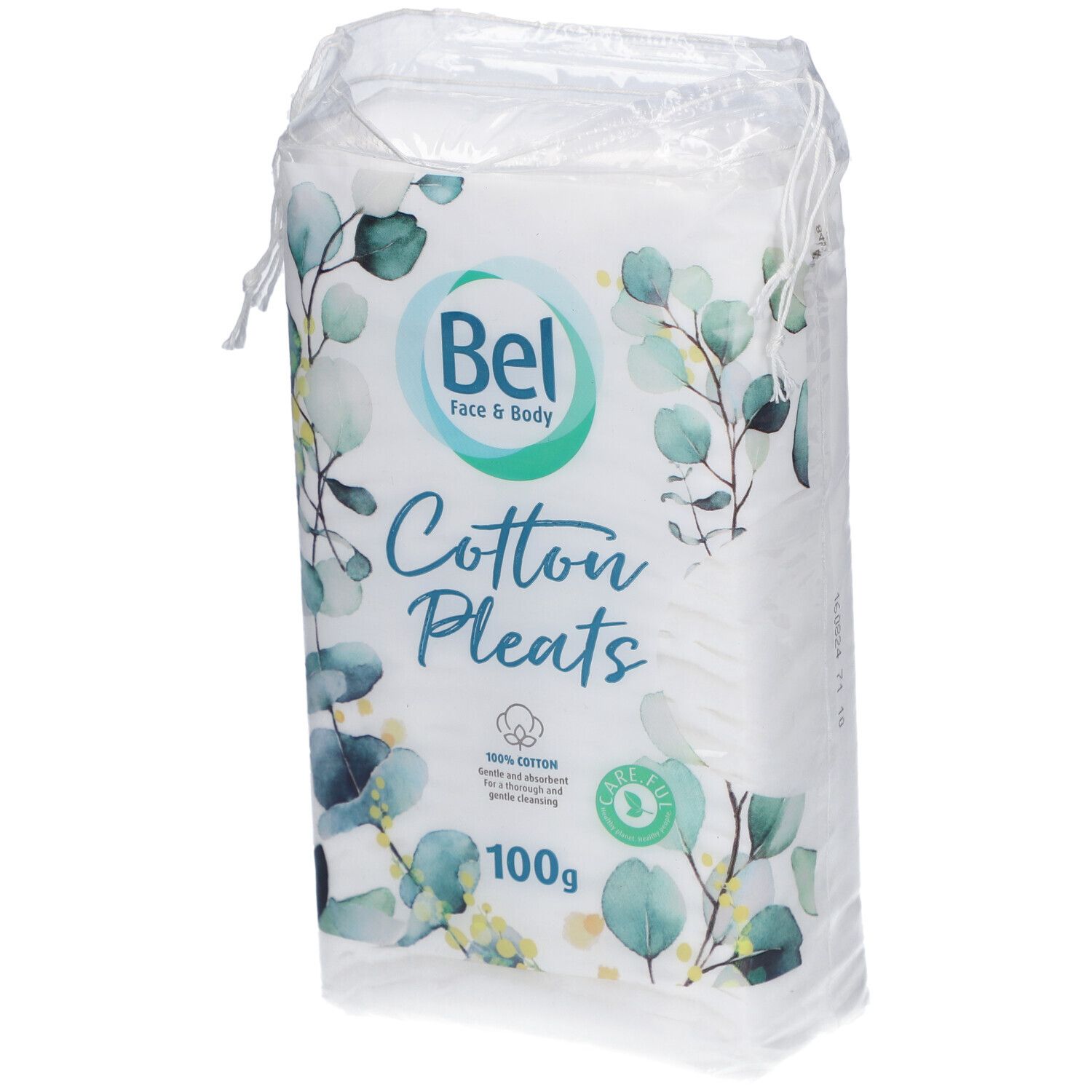 Paquet de cotons Bel Face & Body. Inscription 'Cotton Pleats'. 100% coton. Poids net 100g.