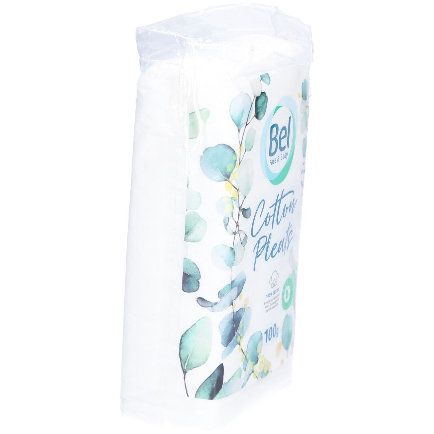 Cotons Bel Face & Body dans un emballage plastique. Inscription 'Cotton Pleats'. 100% coton.