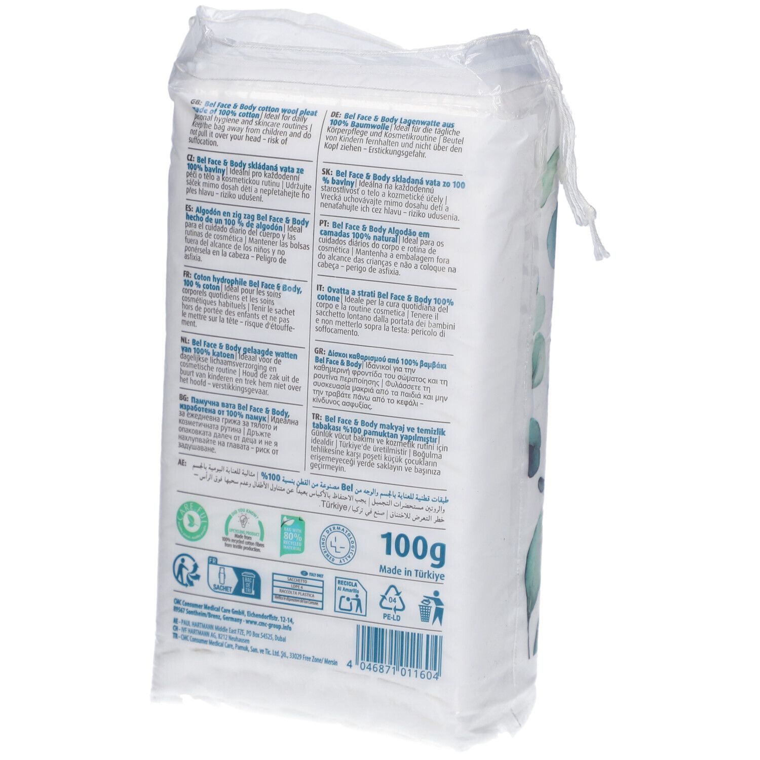 Dos du paquet de cotons Bel Face & Body. Inscription en plusieurs langues. 100% coton. 100g.