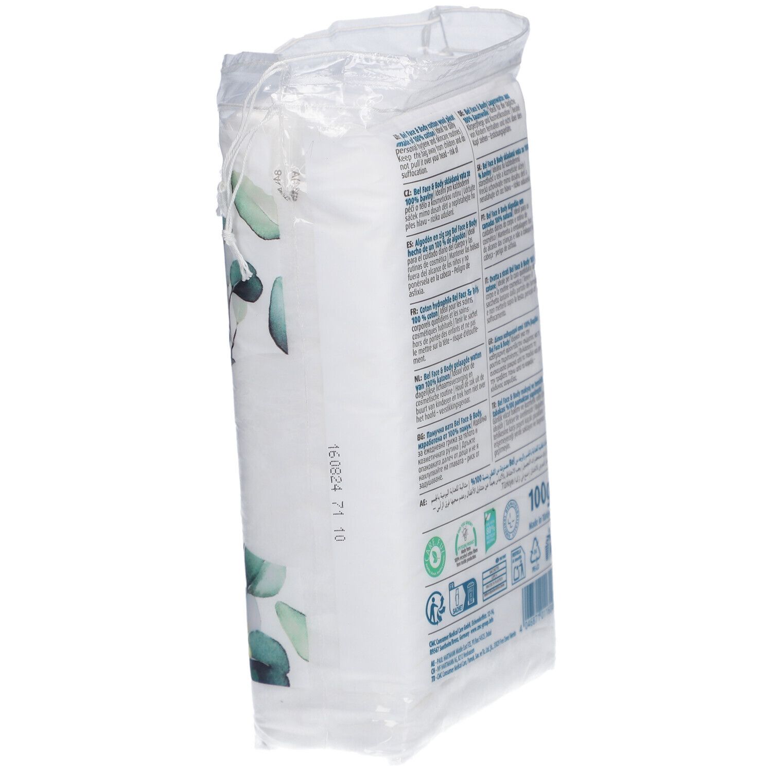 Paquet de cotons Bel Face & Body en biais. Inscription 'Cotton Pleats'. 100% coton. 100g.