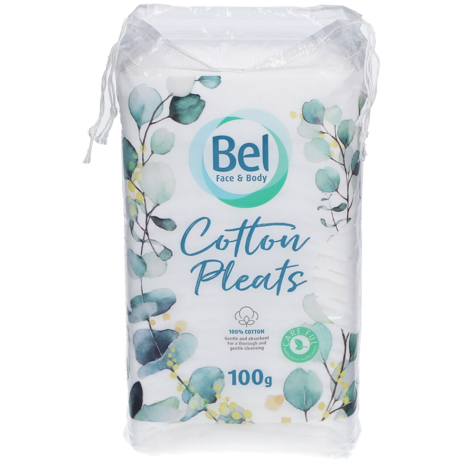 Paquet de cotons Bel Face & Body. Inscription 'Cotton Pleats'. 100% coton. Poids net 100g.