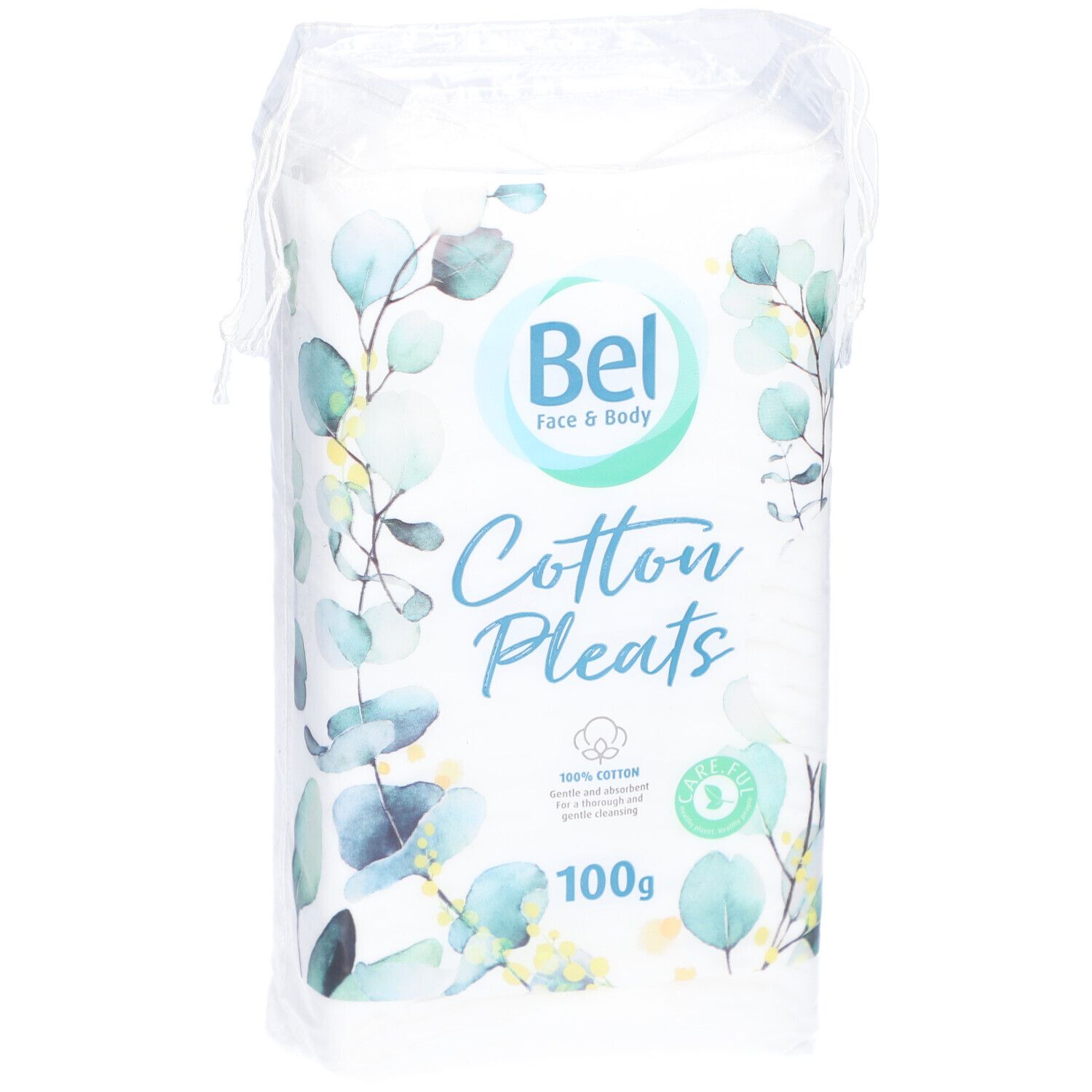 Paquet de cotons Bel Face & Body. Inscription 'Cotton Pleats'. 100% coton. Poids net 100g.