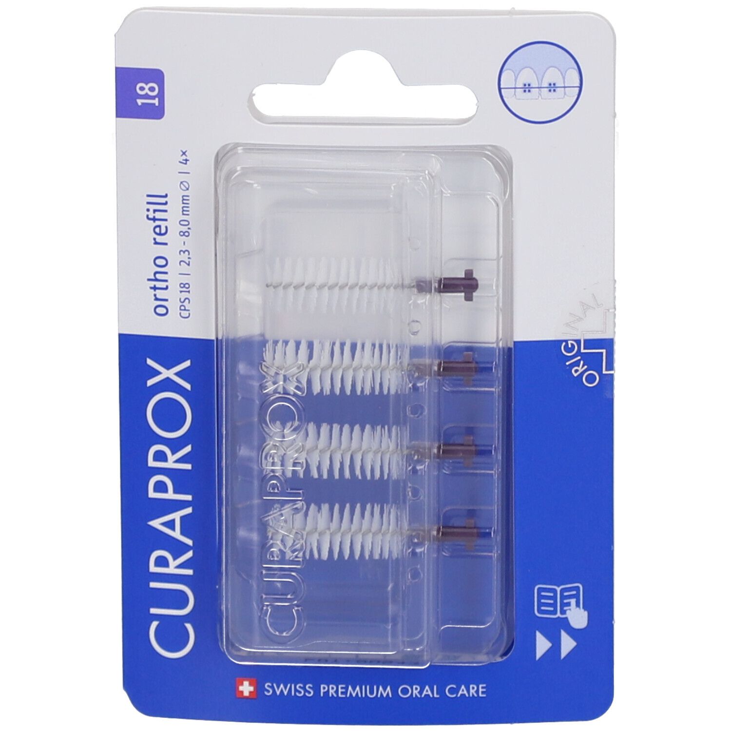 Recharges CURAPROX CPS 18 Ortho. Emballage blister avec 4 brosses interdentaires. Soies blanches, support marron. Logo et nom.