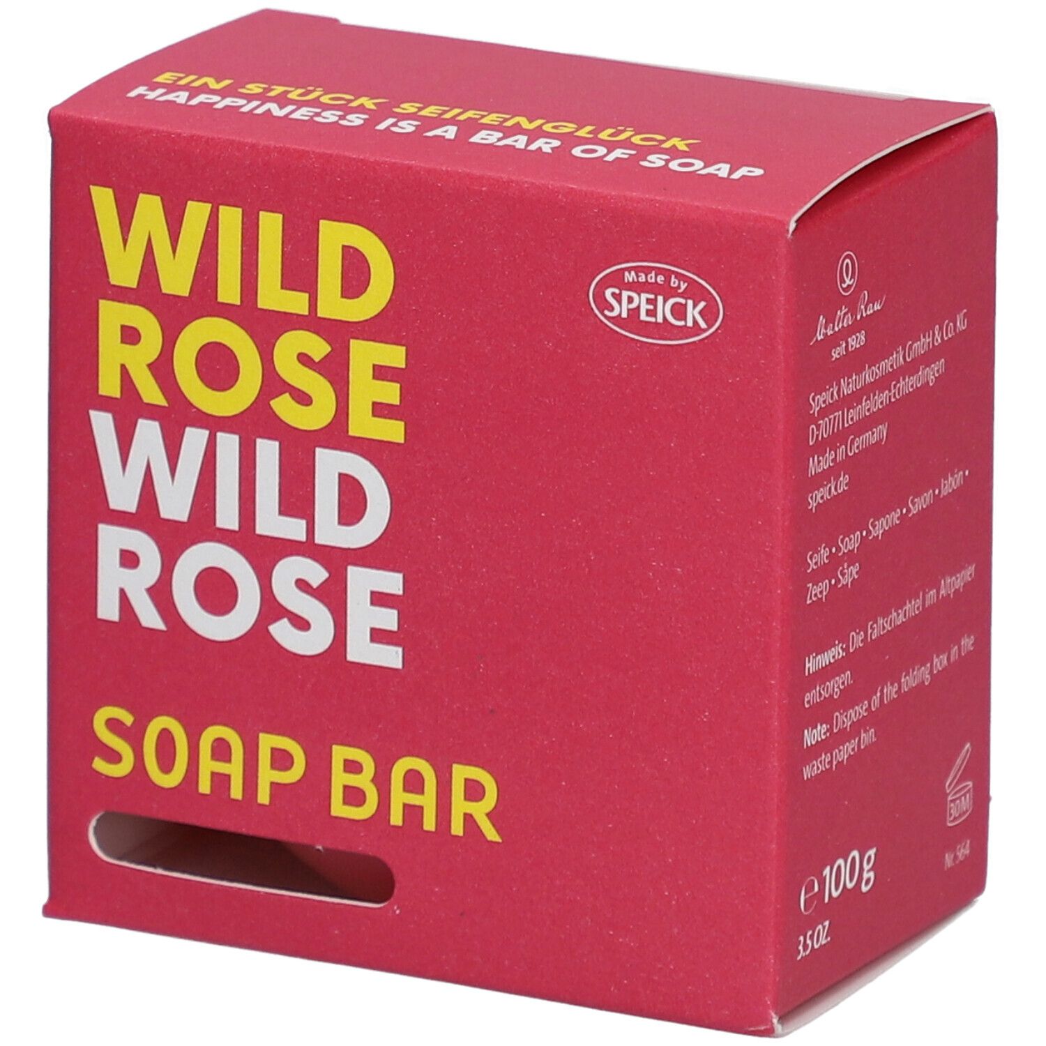 Boîte en carton rouge avec texte jaune et blanc. Inscription : WILD ROSE SOAP BAR. Marque : SPEICK.