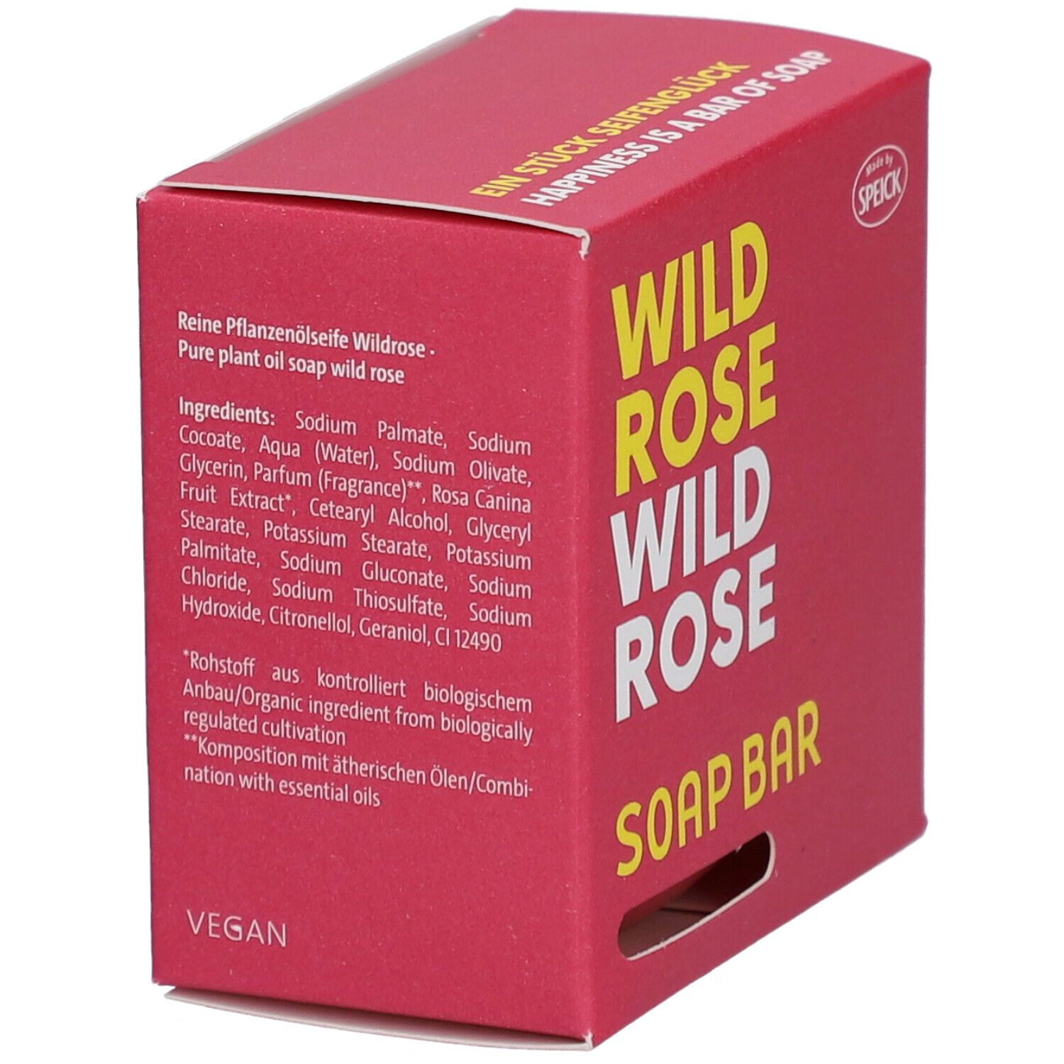 Boîte en carton rouge avec texte. Inscription : WILD ROSE SOAP BAR. Liste des ingrédients et logo végan.