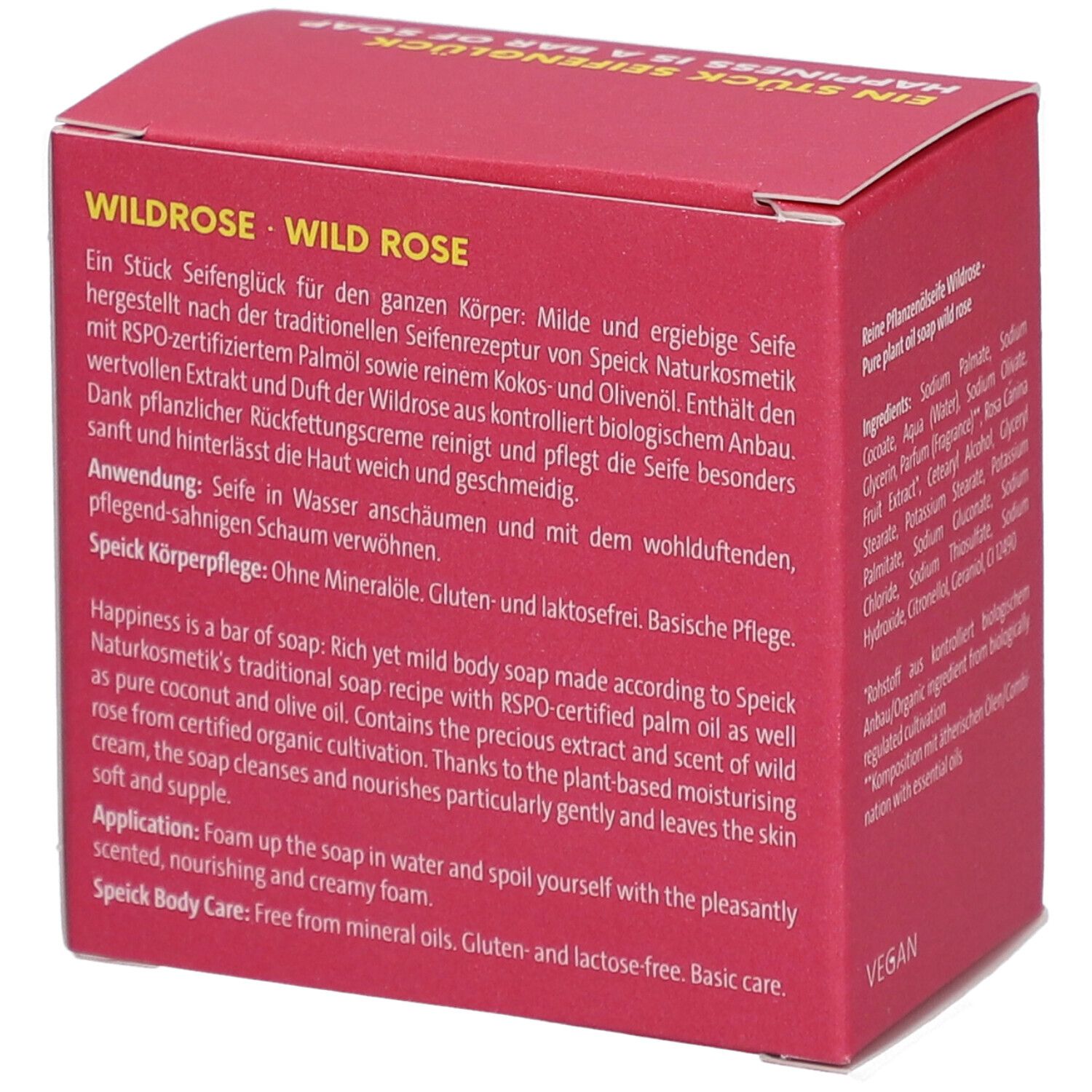 Boîte en carton rouge avec texte. Inscription : WILDROSE WILD ROSE. Texte sur les ingrédients et l'utilisation.