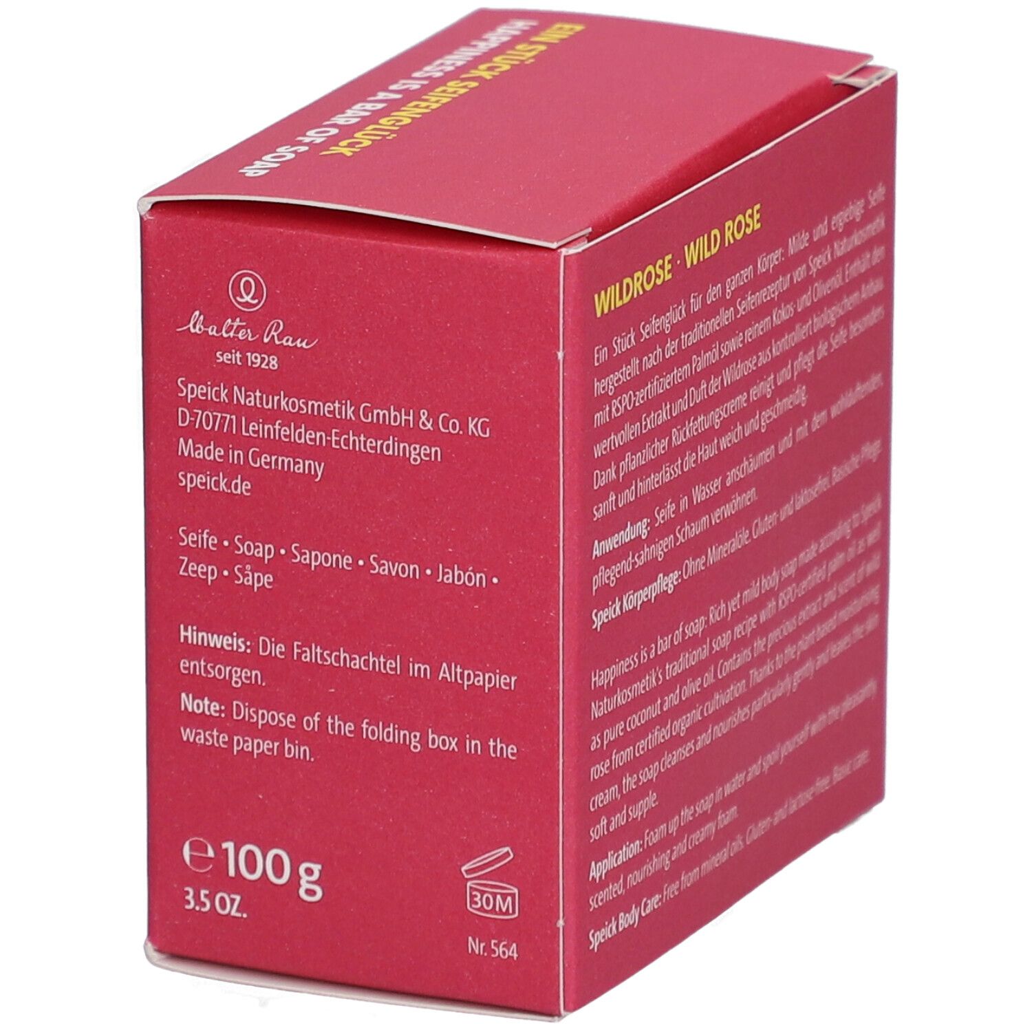 Boîte en carton rouge avec texte. Inscription : WILDROSE WILD ROSE. Informations fabricant et poids.