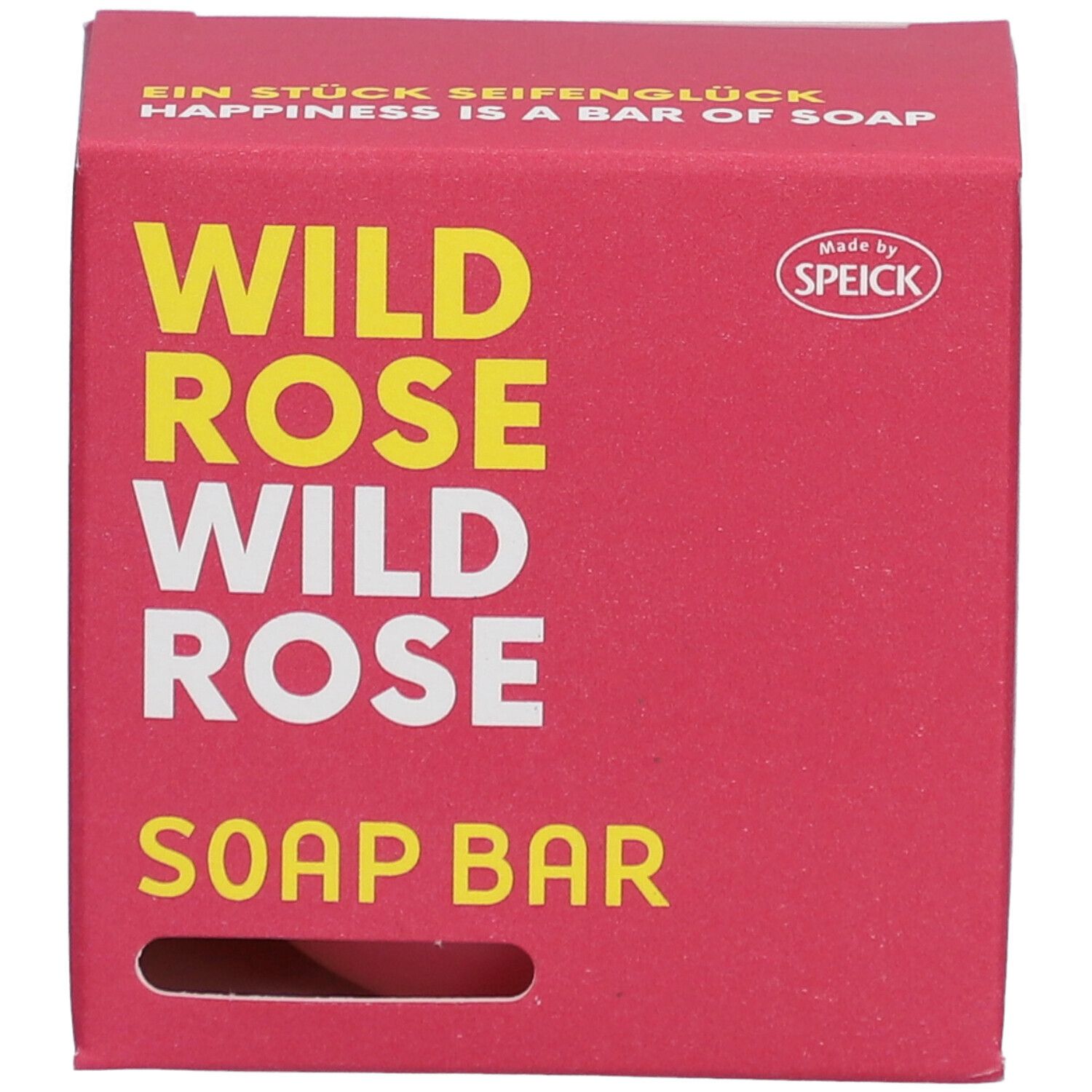 Boîte en carton rouge avec texte jaune et blanc. Inscription : WILD ROSE SOAP BAR. Marque : SPEICK.
