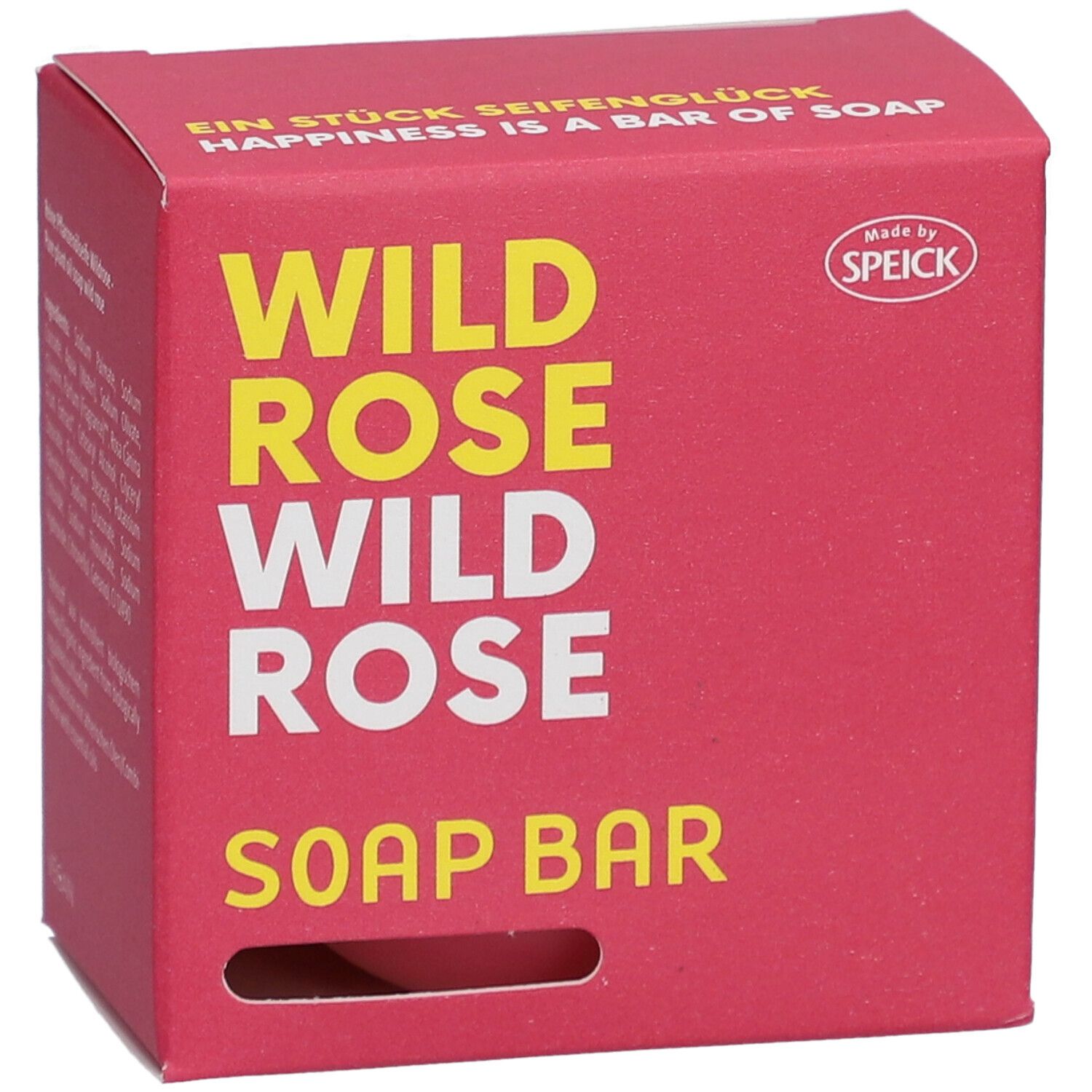 Boîte en carton rouge avec texte jaune et blanc. Inscription : WILD ROSE SOAP BAR. Marque : SPEICK.