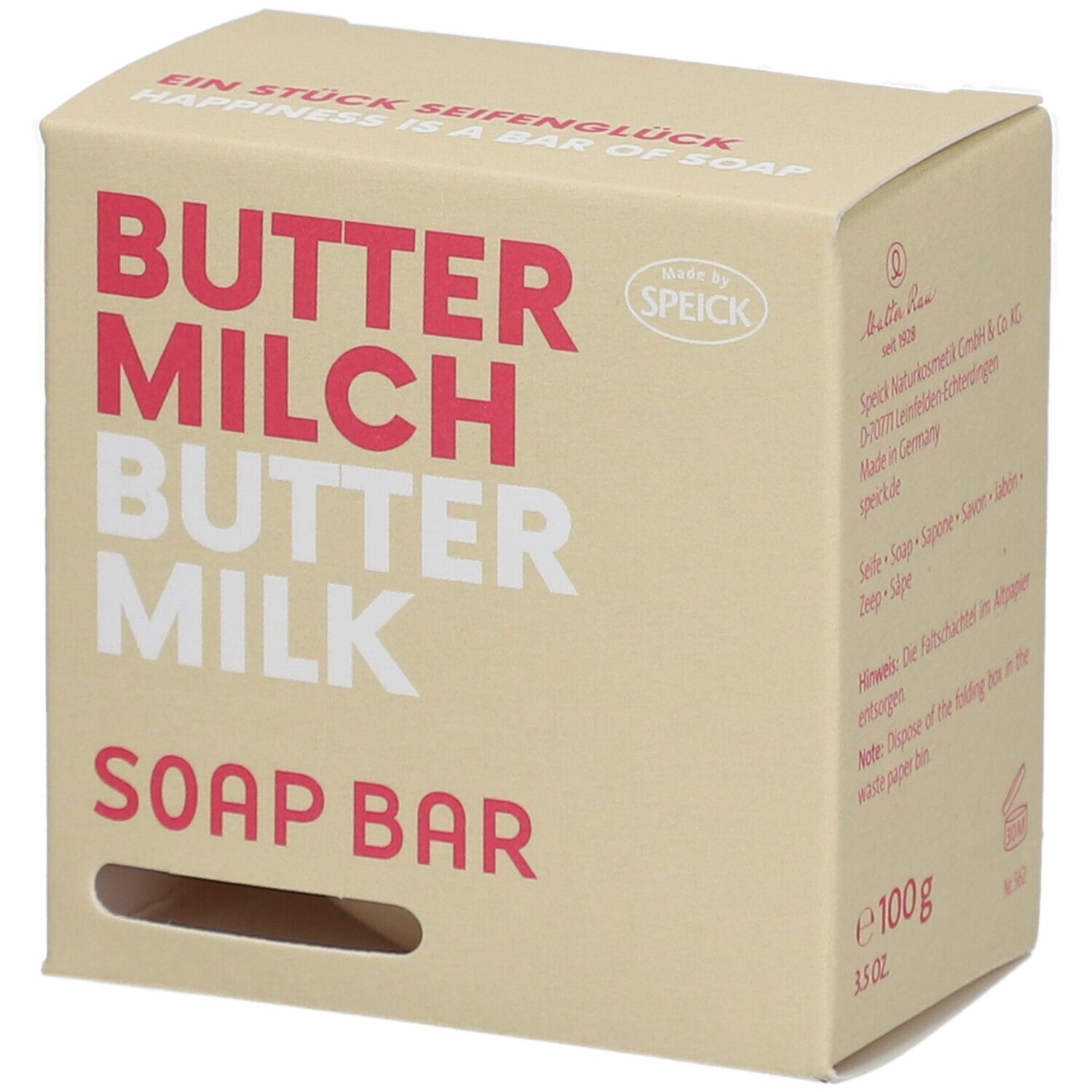 Boîte en carton beige. Inscription : BUTTER MILCH BUTTER MILK SOAP BAR. Marque : Speick. Trou visible.