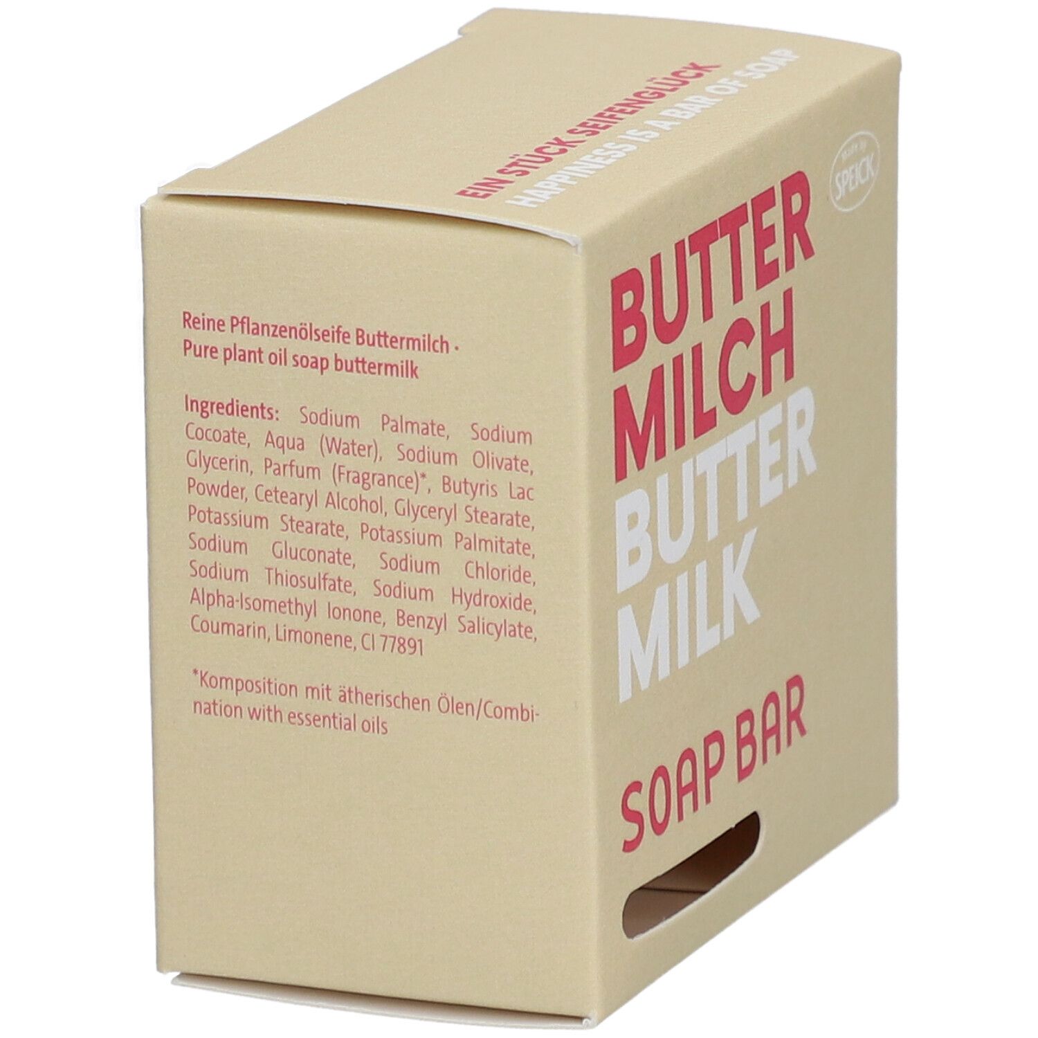 Boîte en carton beige. Inscription : BUTTER MILCH BUTTER MILK SOAP BAR. Liste des ingrédients. Marque : Speick.