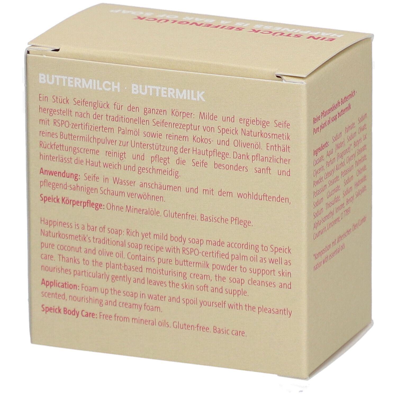 Boîte en carton beige. Texte sur le savon. Marque : Speick. Texte sur l'utilisation et les ingrédients.