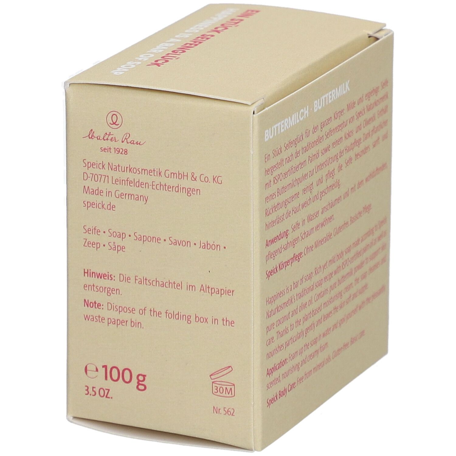 Boîte en carton beige. Inscription : Speick Naturkosmetik. Adresse. Poids : 100g. Marque : Speick.