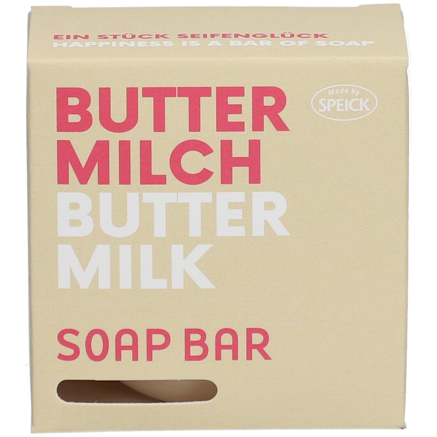 Boîte en carton beige. Inscription : BUTTER MILCH BUTTER MILK SOAP BAR. Marque : Speick. Trou.