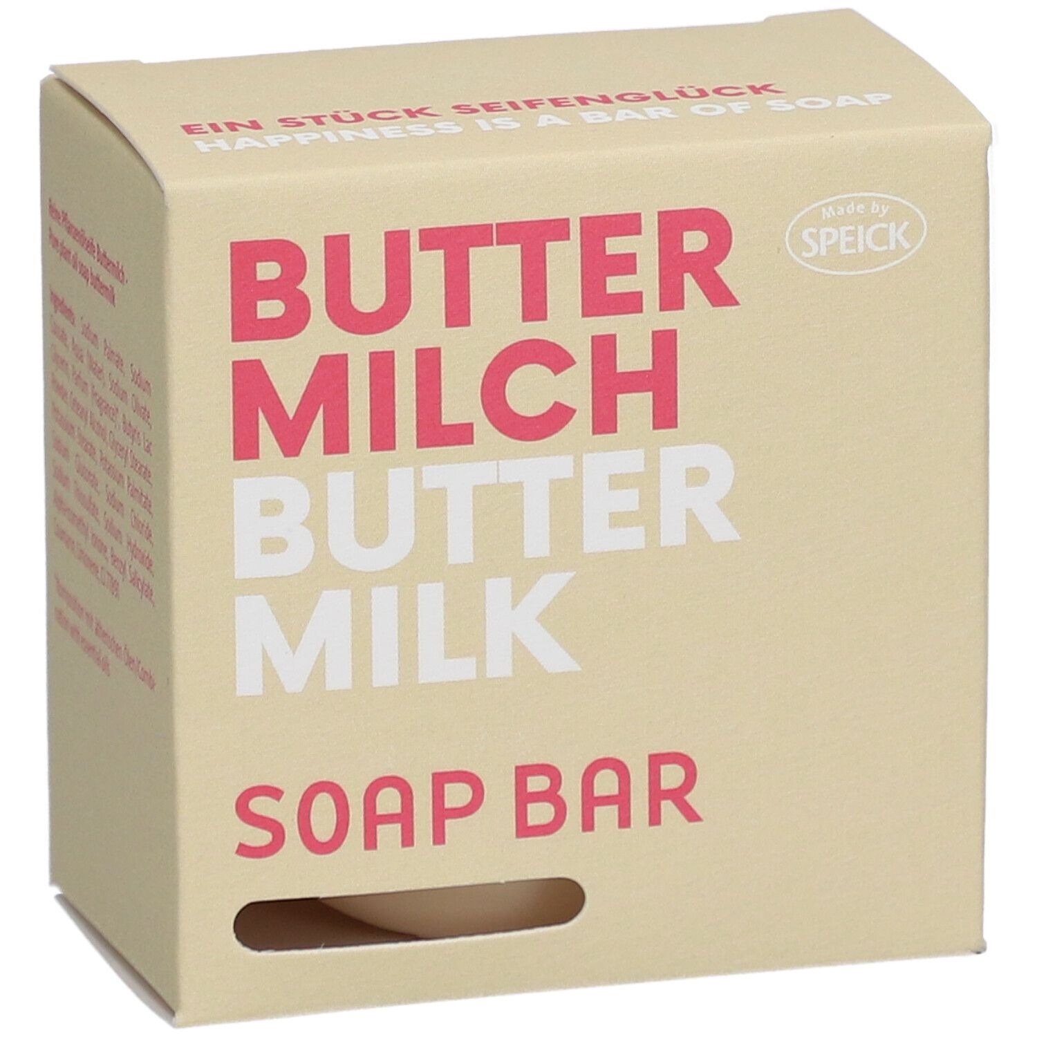 Boîte en carton beige. Inscription : BUTTER MILCH BUTTER MILK SOAP BAR. Marque : Speick. Trou.