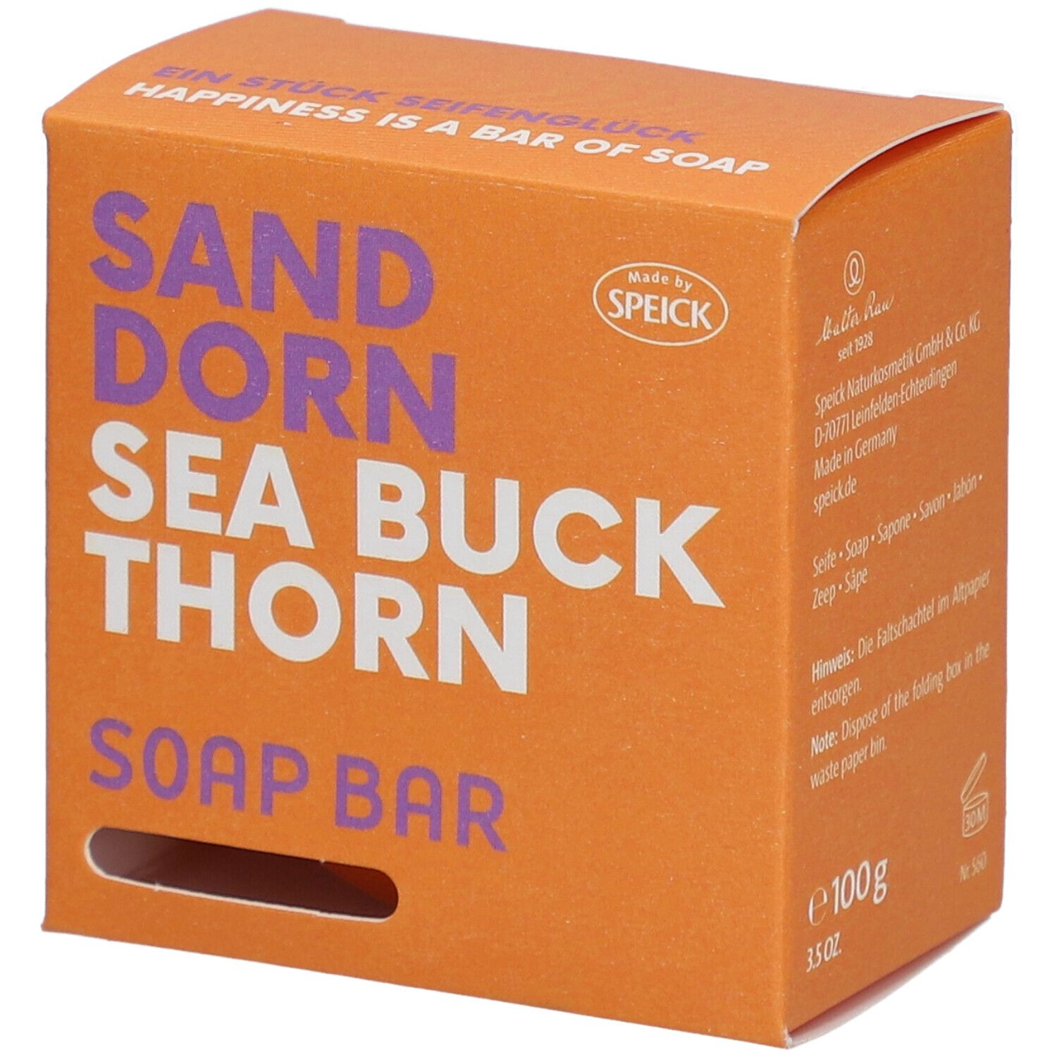 Boîte orange avec texte "SANDDORN SEA BUCK THORN SOAP BAR". Marque : SPEICK. 100g.