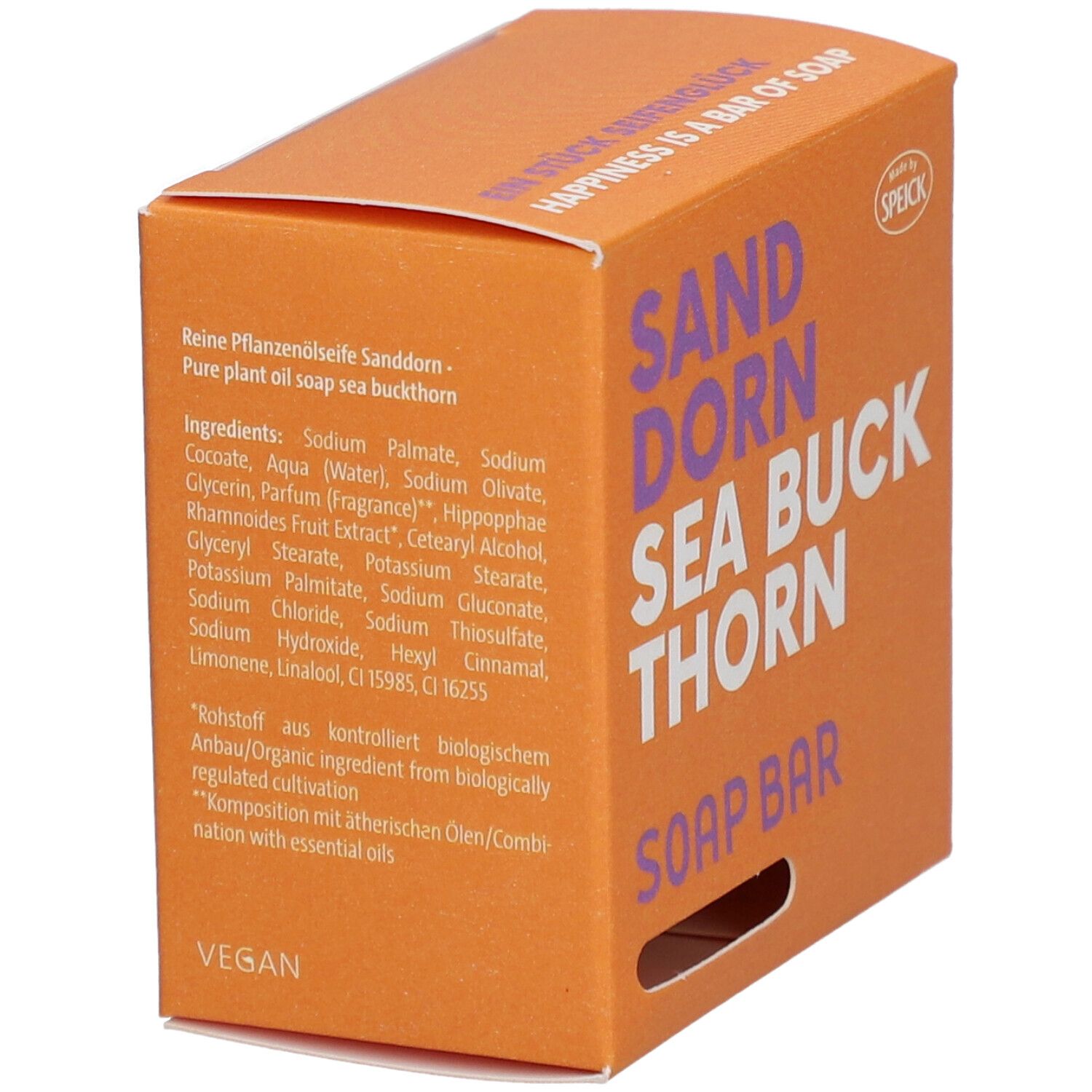 Boîte orange avec ingrédients et texte "SANDDORN SEA BUCK THORN SOAP BAR". Logo végan.