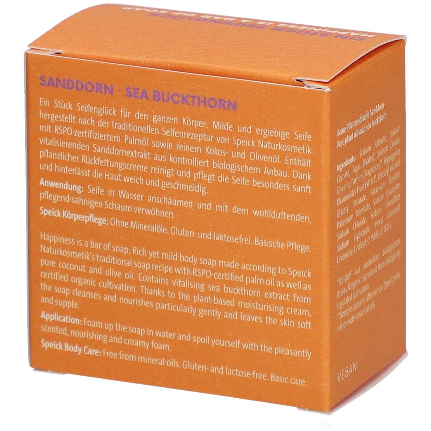 Boîte orange avec texte sur le savon et texte "SANDDORN SEA BUCKTHORN". Logo végan.