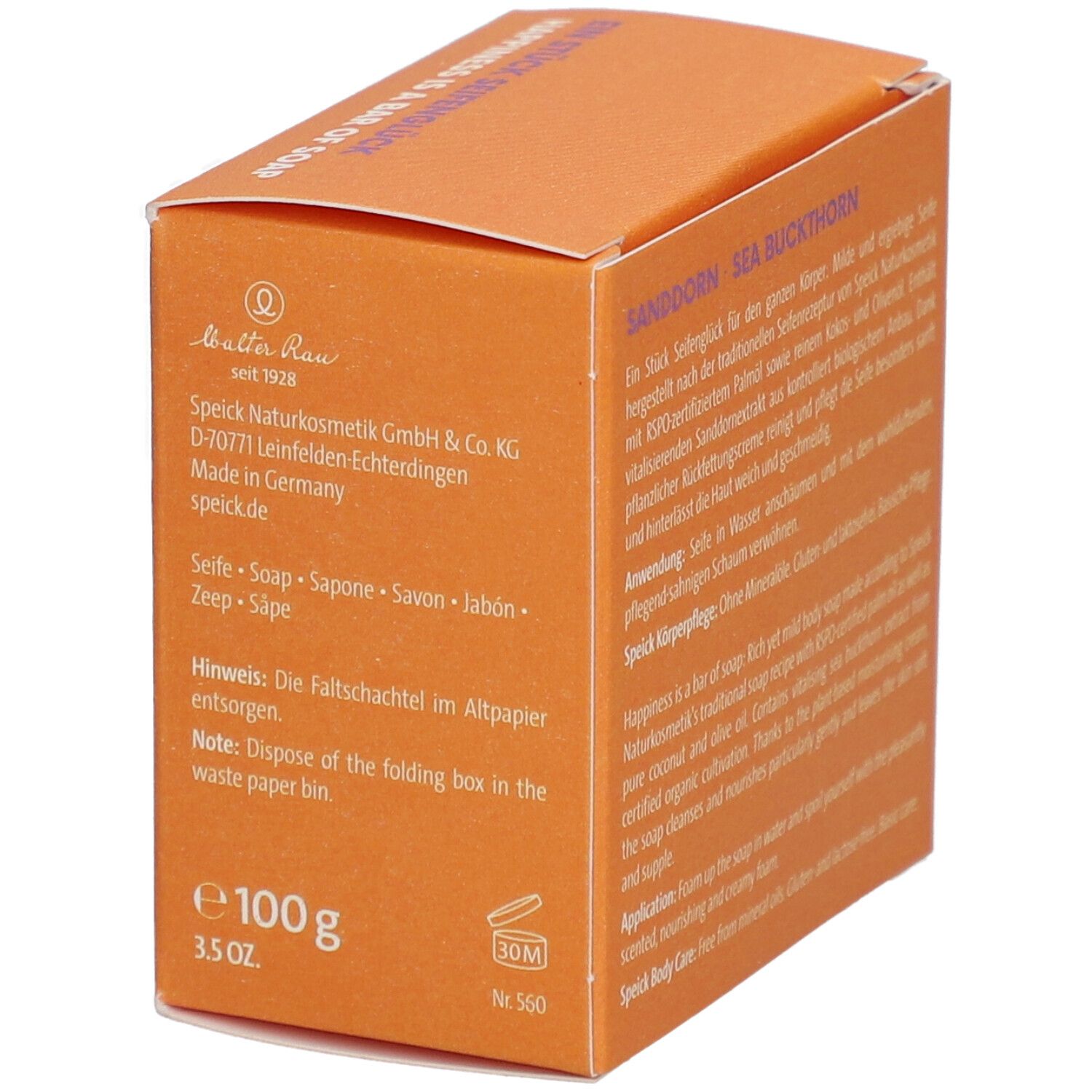 Boîte orange avec texte sur le savon et texte "SANDDORN SEA BUCKTHORN". 100g, 3.5 OZ.