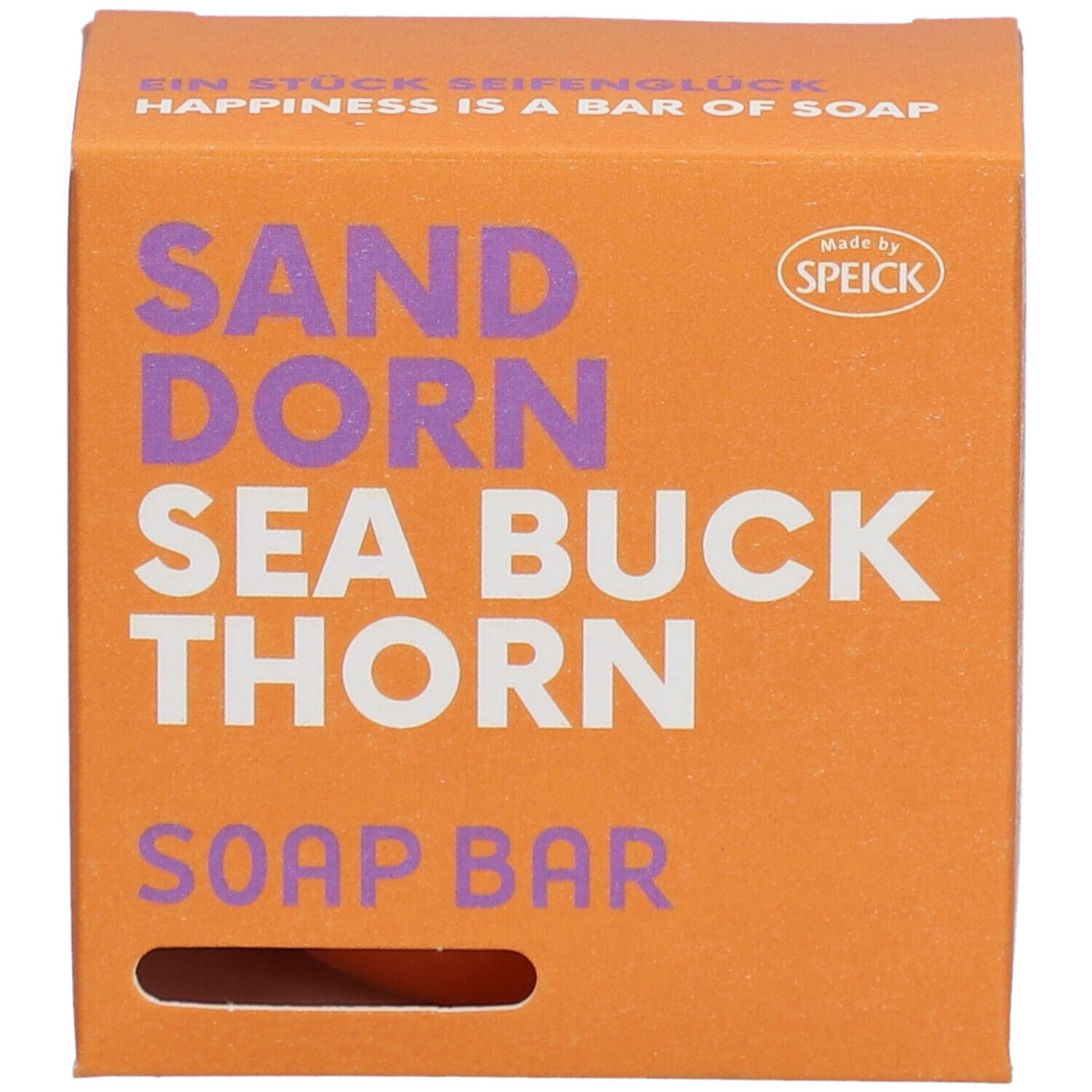 Boîte orange avec texte "SANDDORN SEA BUCK THORN SOAP BAR". Marque : SPEICK.