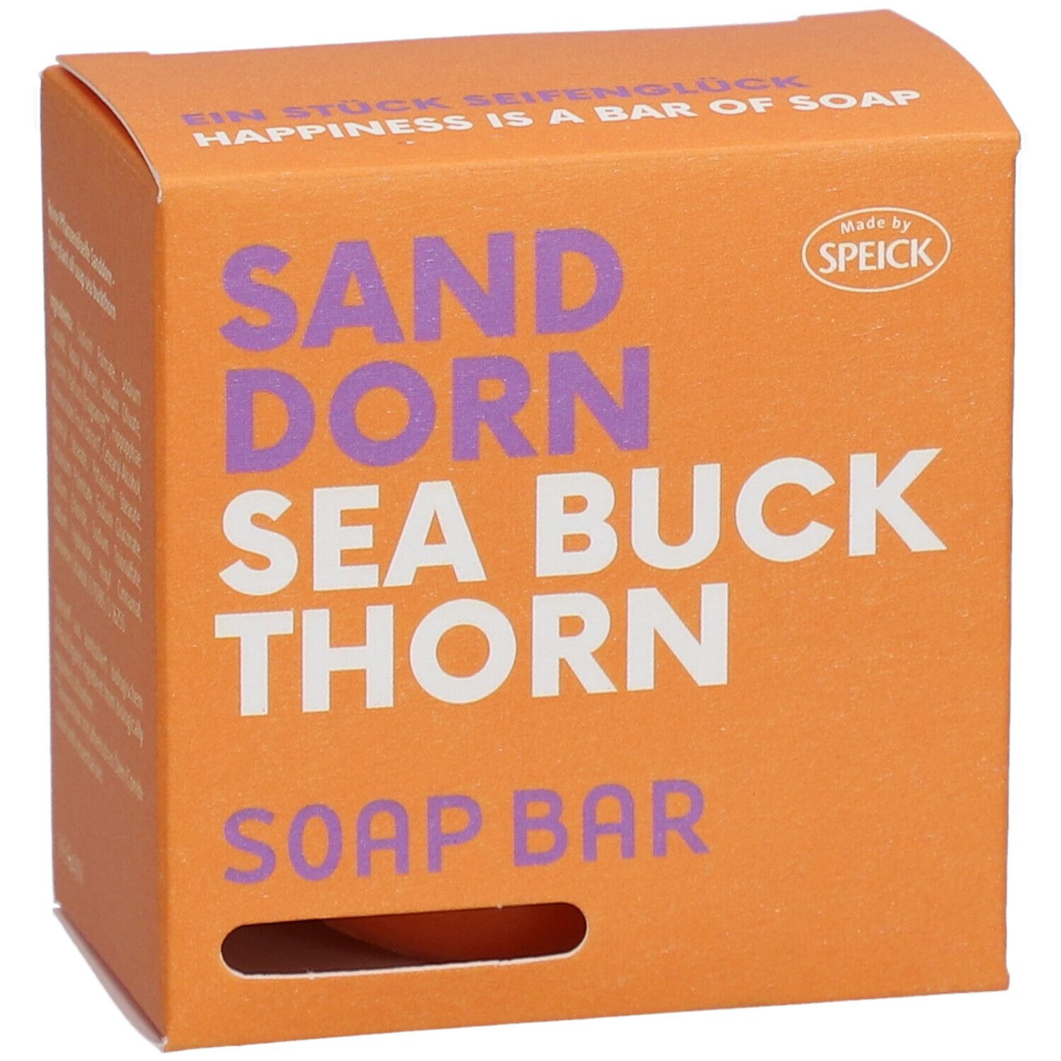 Boîte orange avec texte "SANDDORN SEA BUCK THORN SOAP BAR". Marque : SPEICK.