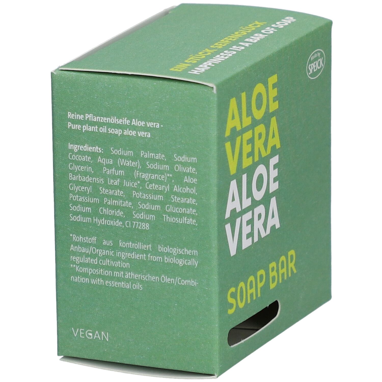 Emballage vert avec liste des ingrédients. "ALOE VERA" et "SOAP BAR" en blanc. Logo végan.