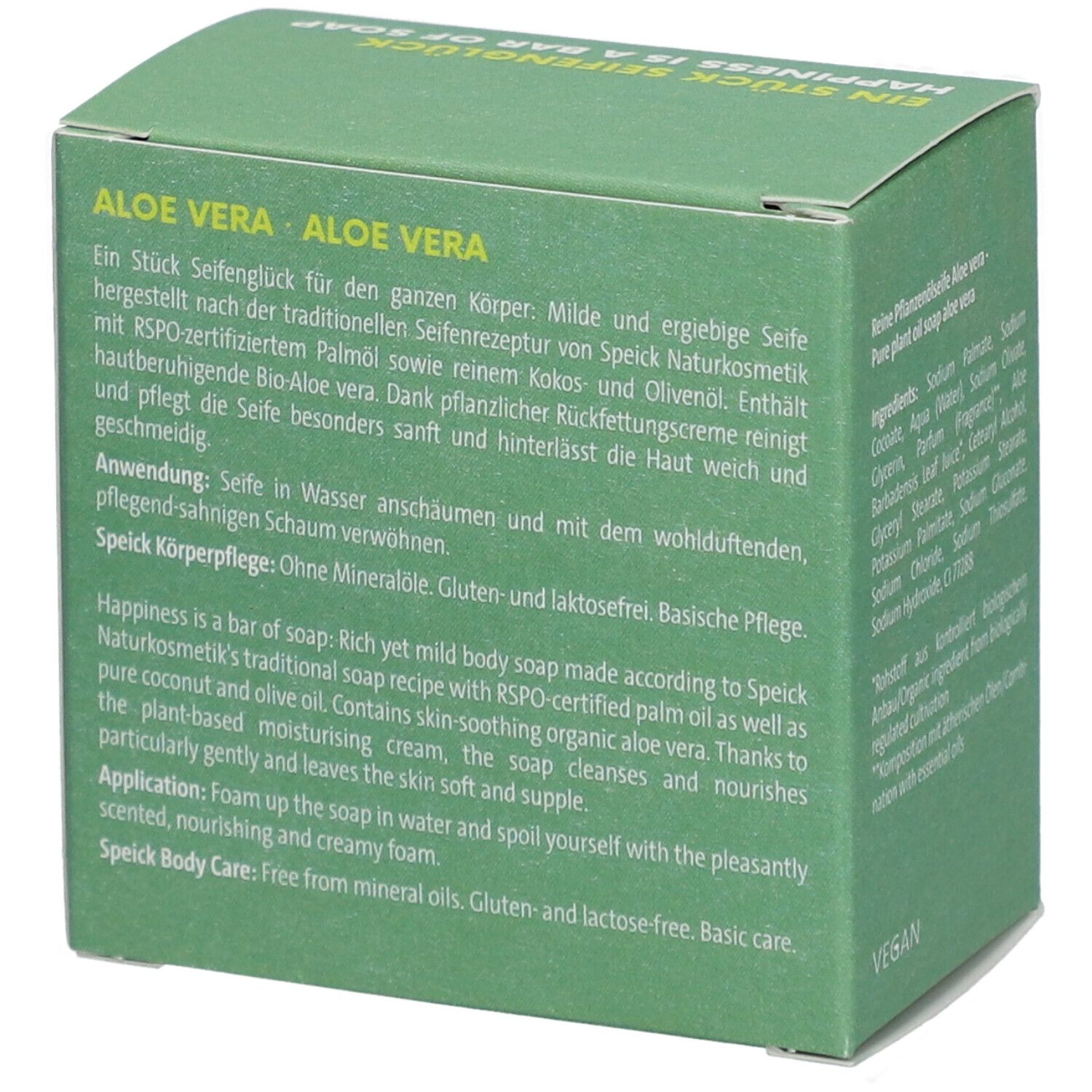 Emballage vert avec texte. "ALOE VERA" et "SOAP BAR" en blanc. Logo végan.