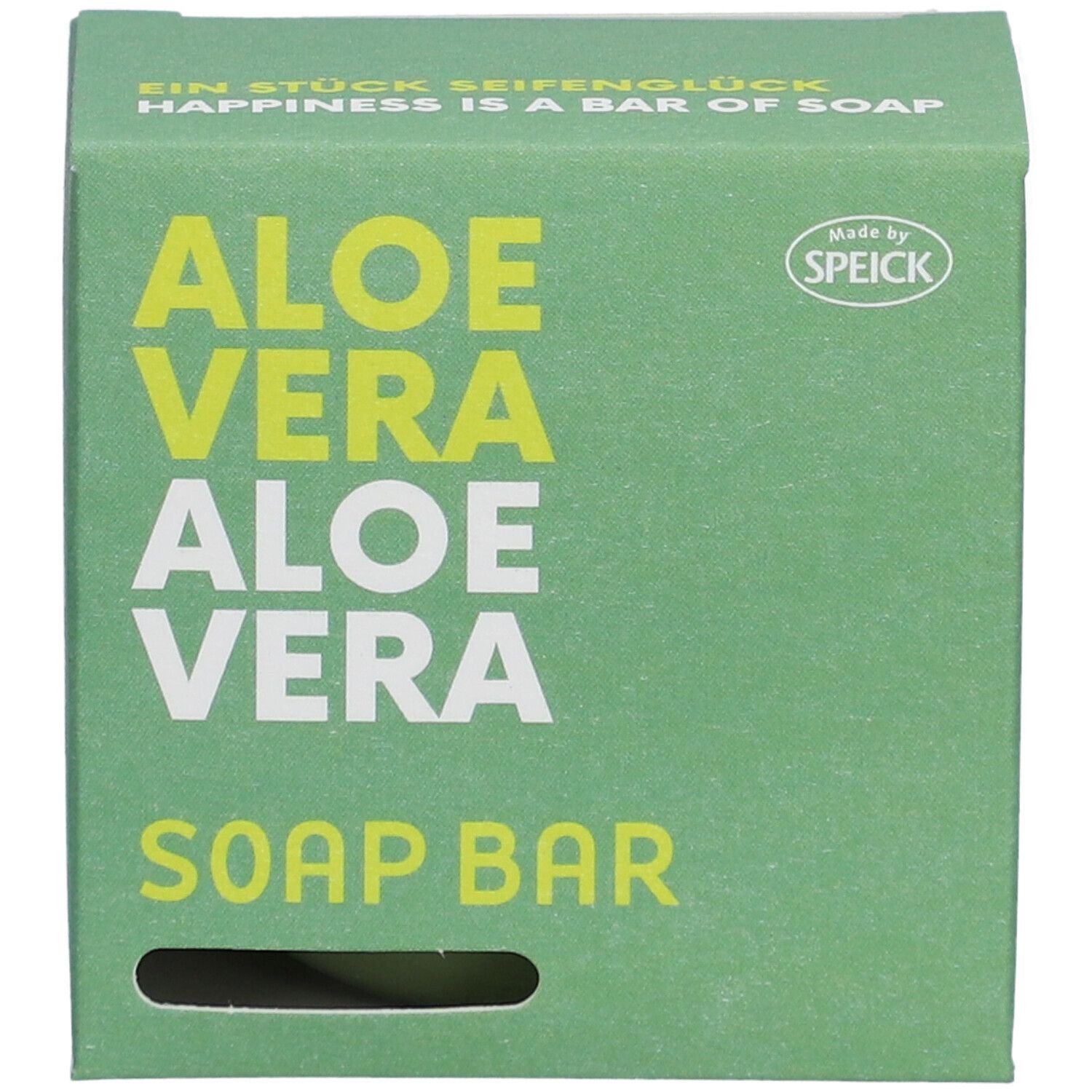 Emballage vert avec "ALOE VERA" et "SOAP BAR" en blanc. Marque "Speick". Trou pour l'extraction.