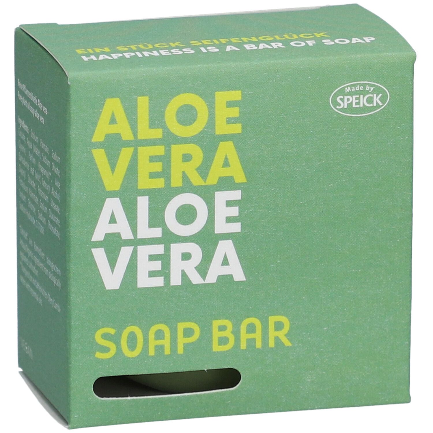 Emballage vert avec "ALOE VERA" et "SOAP BAR" en blanc. Marque "Speick".