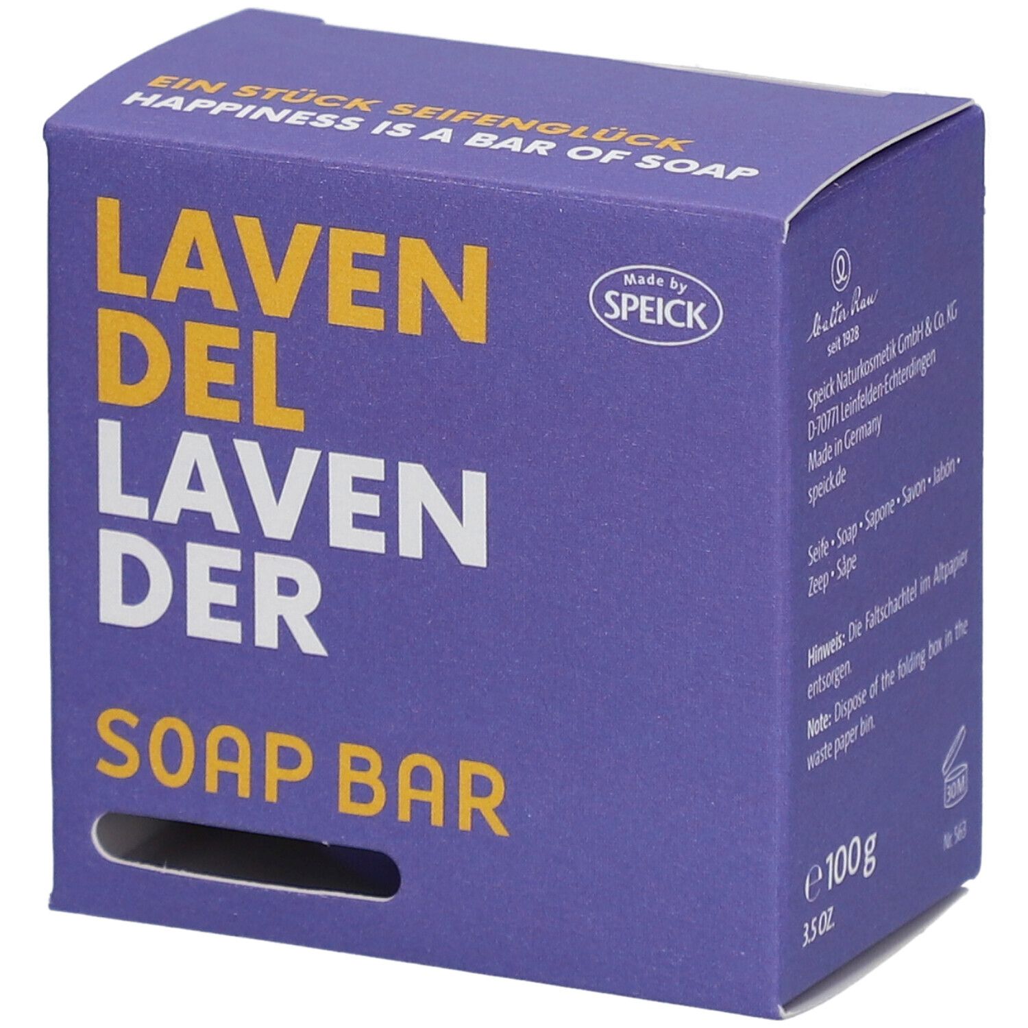 Boîte violette avec "LAVENDEL" et "SOAP BAR". Marque : Speick. Trou pour doigt. 100g.