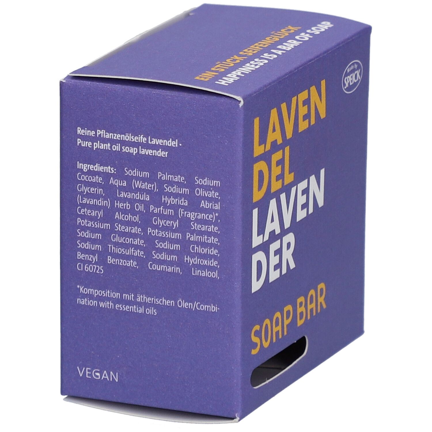 Boîte avec ingrédients : Sodium Palmate, Lavandula Hybrida. Vegan. Fond violet. Marque : Speick.