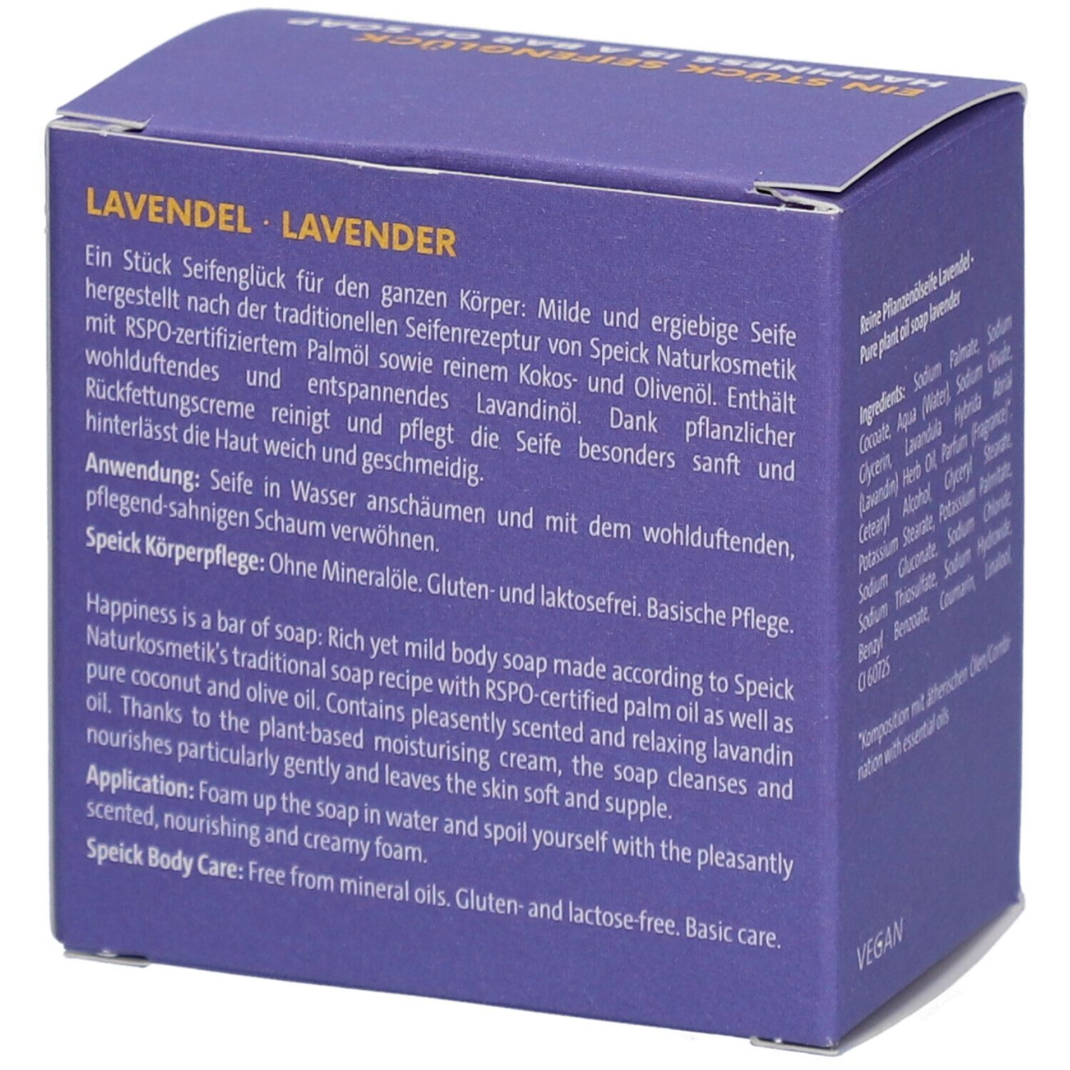 Boîte avec texte sur le savon. Contient de l'huile de palme certifiée RSPO. Fond violet. Marque : Speick.