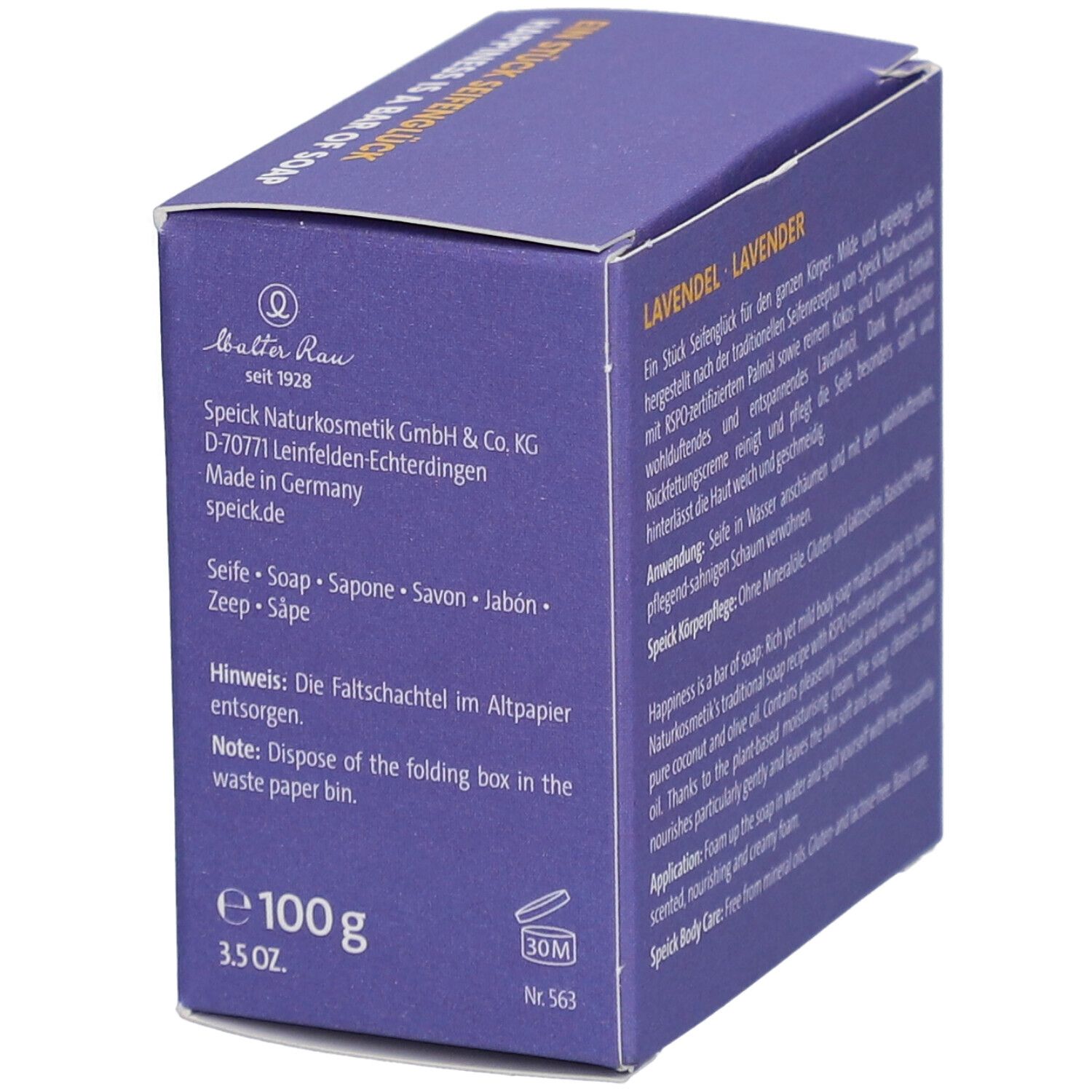 Boîte avec texte et informations. Marque : Speick. 100g. Consignes de recyclage. Fond violet.