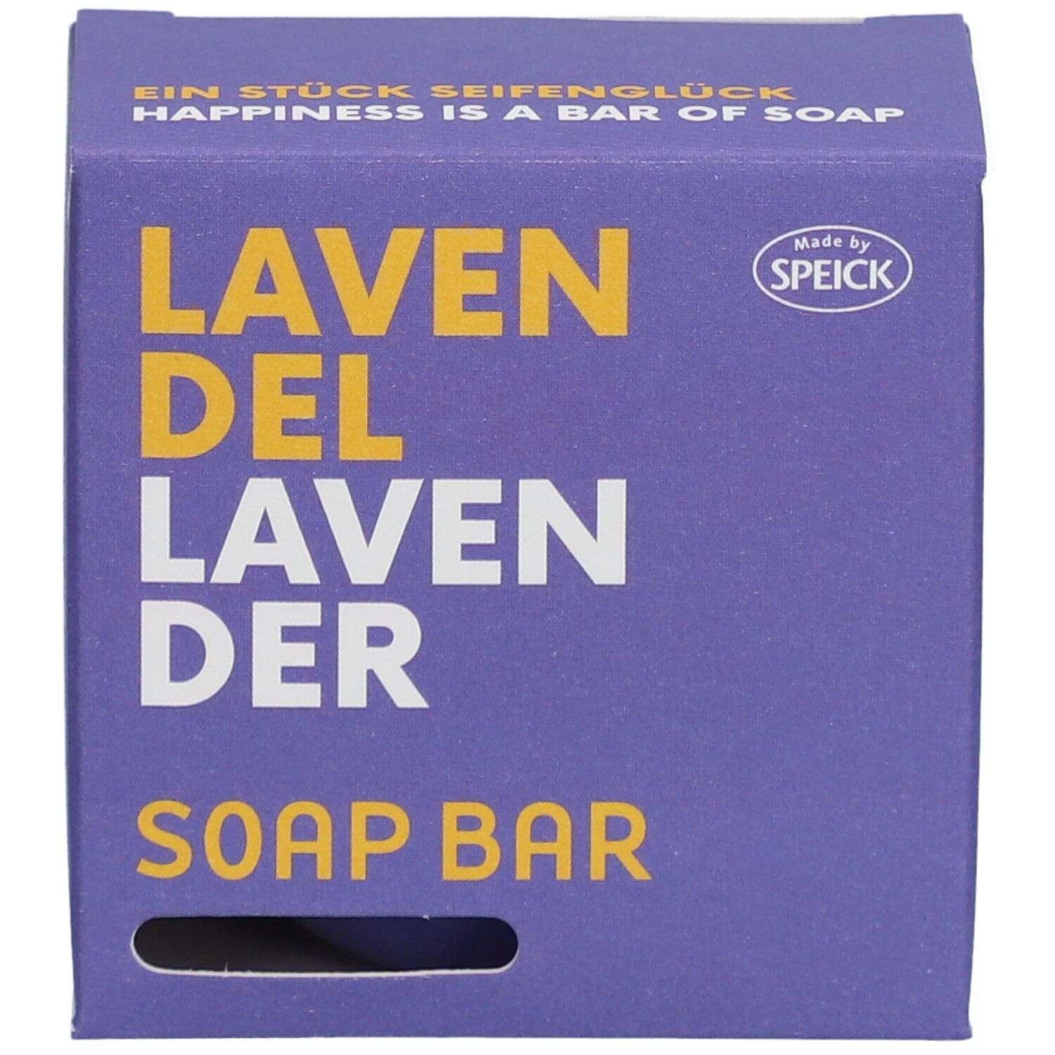 Boîte violette avec "LAVENDEL" et "SOAP BAR". Marque : Speick. Trou pour doigt.