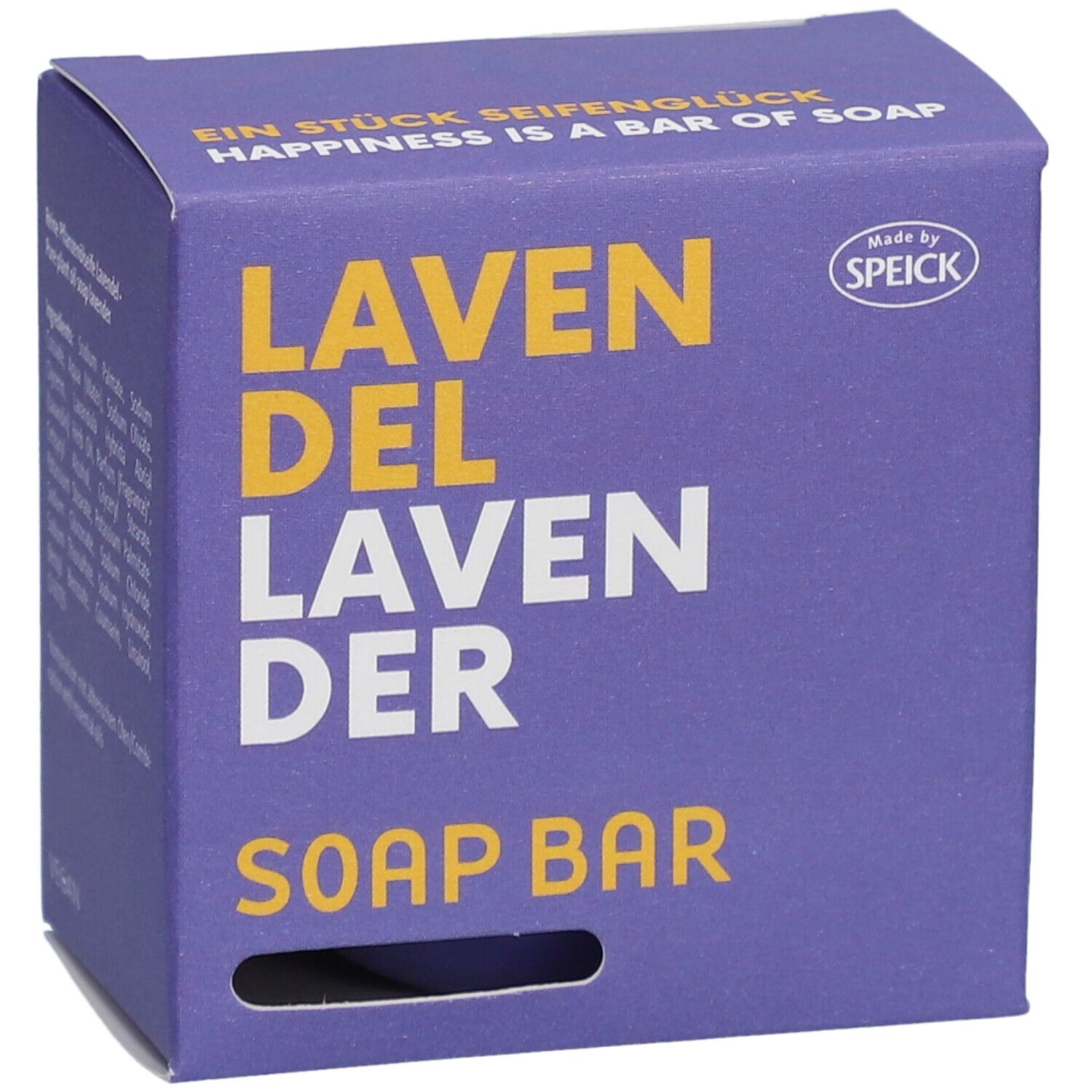 Boîte violette avec "LAVENDEL" et "SOAP BAR". Marque : Speick. Trou pour doigt.