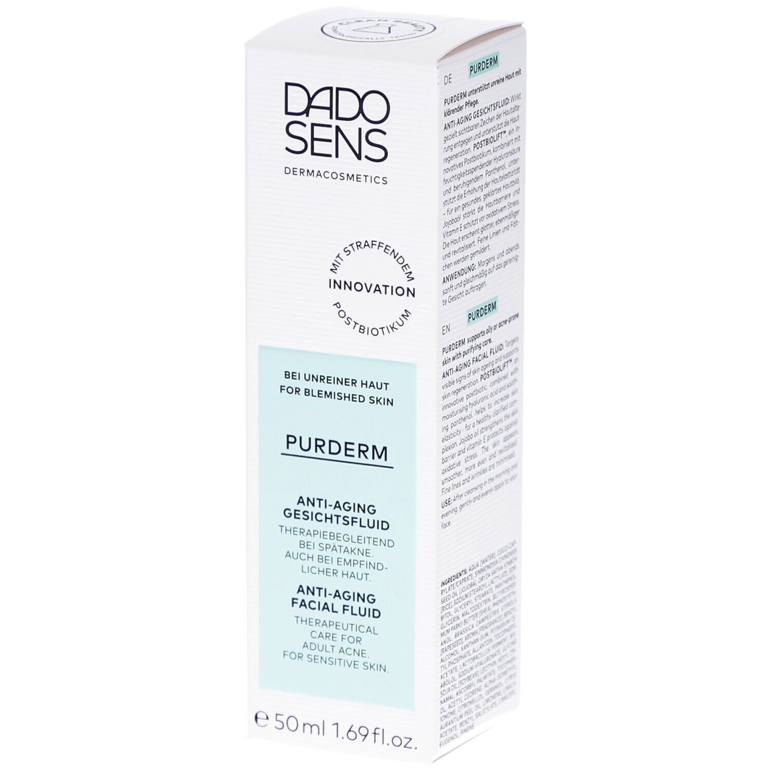 Boîte blanche avec informations produit. Logo DADO SENS. Texte: PUDERM Fluide Visage Anti-Âge. Pour peau à problèmes. 50ml.