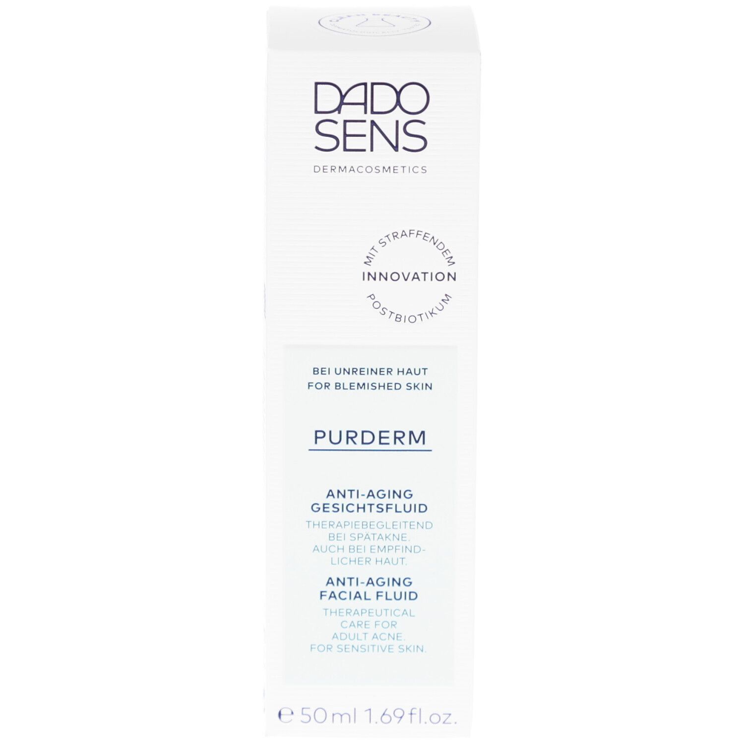 Emballage du produit, face avant. Logo DADO SENS. Texte: PUDERM Fluide Visage Anti-Âge. Pour peau à problèmes. 50ml.