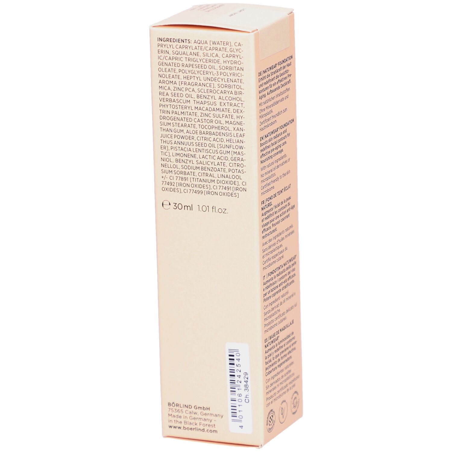 Vue détaillée de l'emballage de ANNEMARIE BÖRLIND Natuwear Foundation. Texte: Ingrédients, e 30ml 1.01 fl oz, BÖRLIND.
