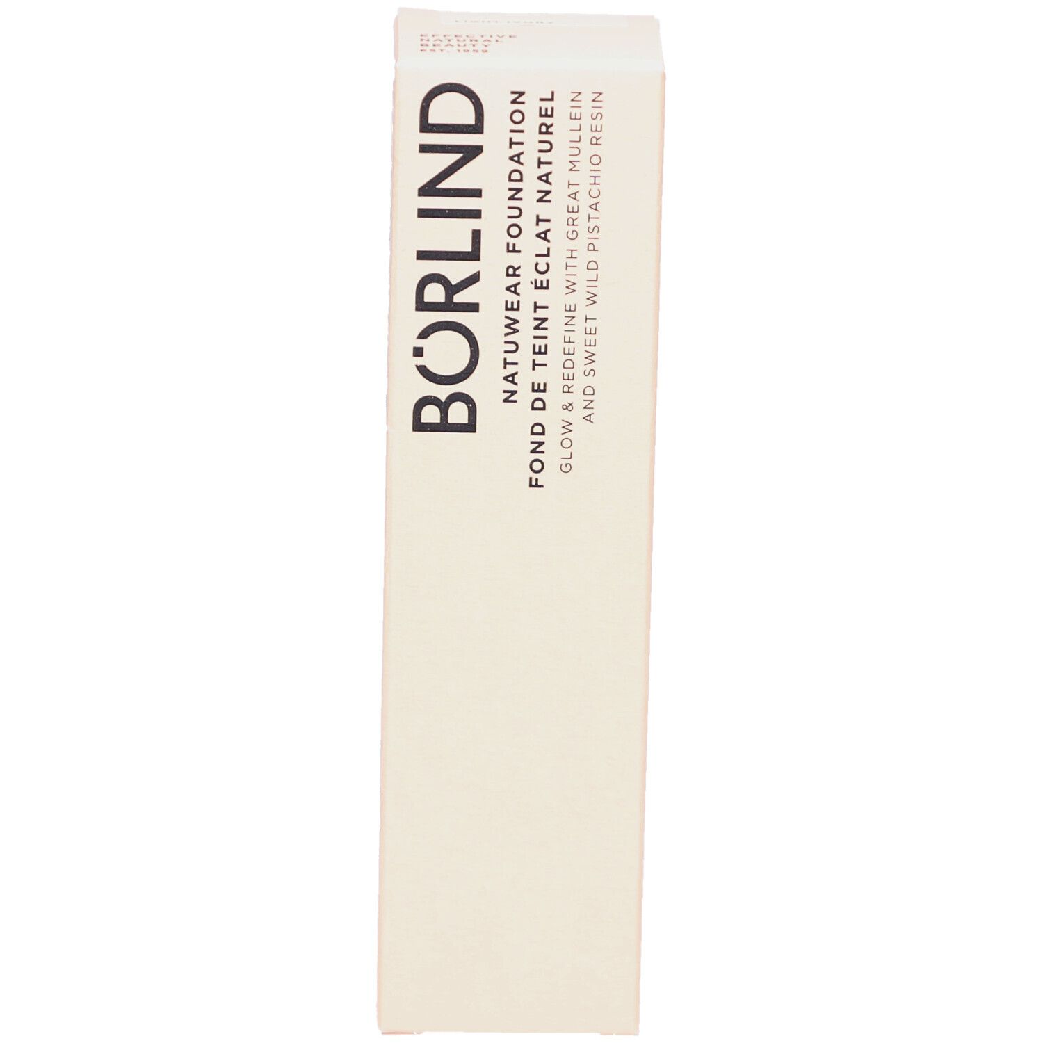 Emballage de ANNEMARIE BÖRLIND Natuwear Foundation. Texte: BÖRLIND, Natuwear Foundation, Fond de Teint Eclat Naturel. Couleur: Light Ivory.