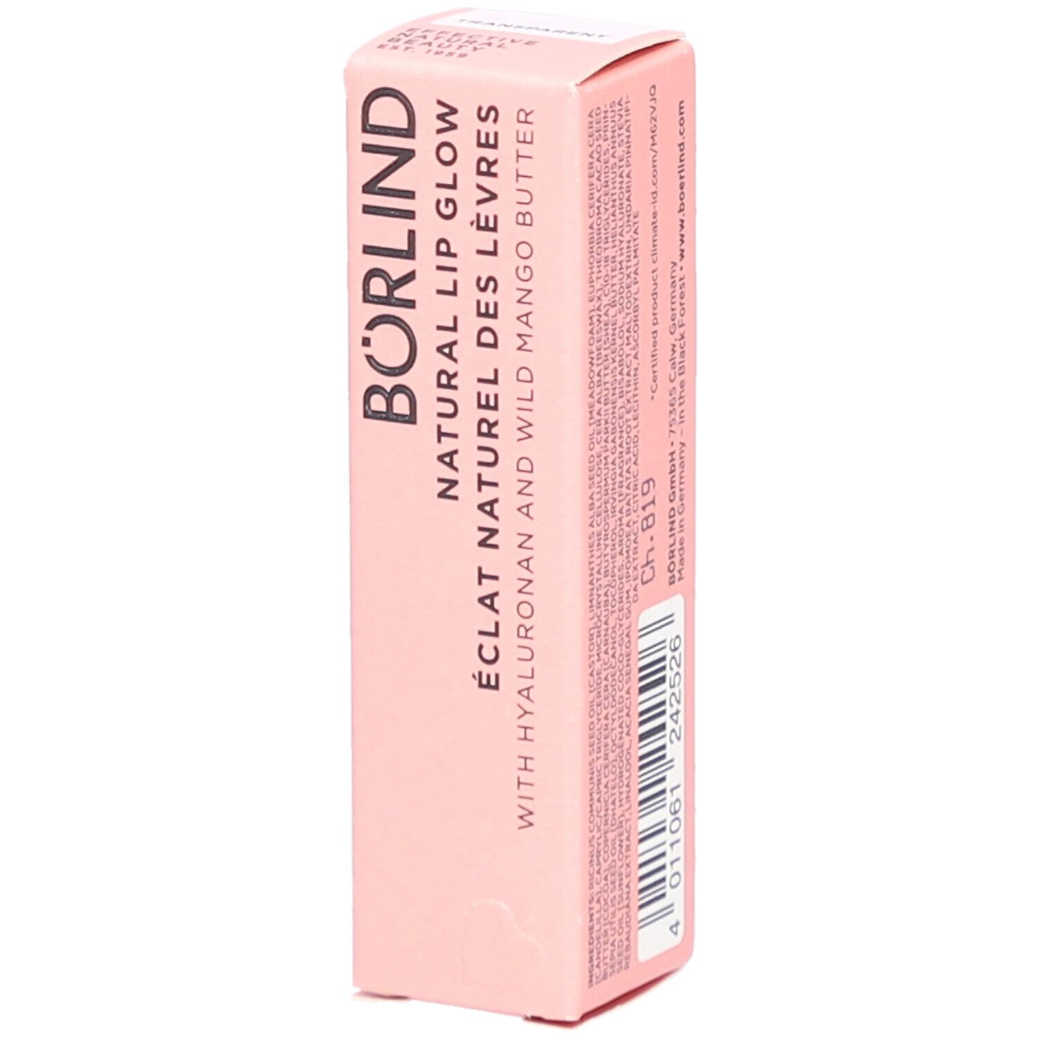Emballage rose avec informations produit. Inscription: BÖRLIND NATURAL LIP GLOW. Contient Hyaluron et beurre de mangue. Code-barres.