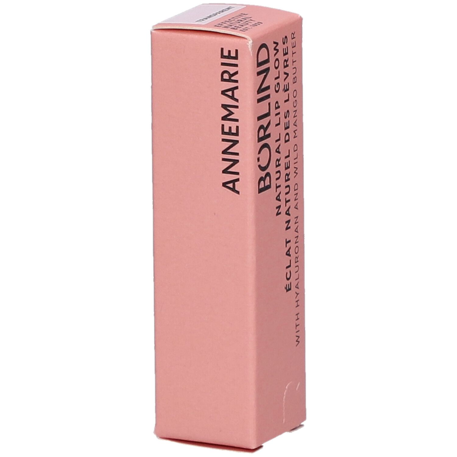 Emballage rose. Inscription: ANNEMARIE BÖRLIND. NATURAL LIP GLOW. Contient Hyaluron et beurre de mangue. Vue verticale.