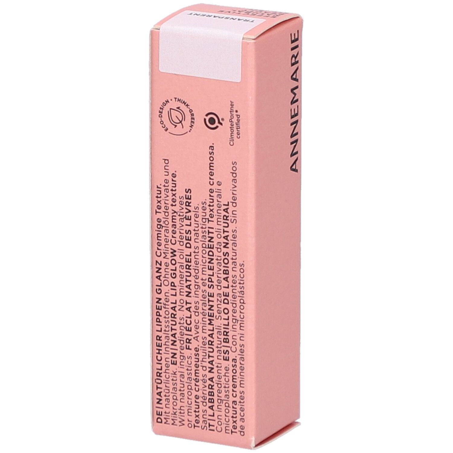 Emballage rose avec texte. Inscription: ANNEMARIE. Texture: Crémeuse. Certifications: Eco Design, ClimatePartner.