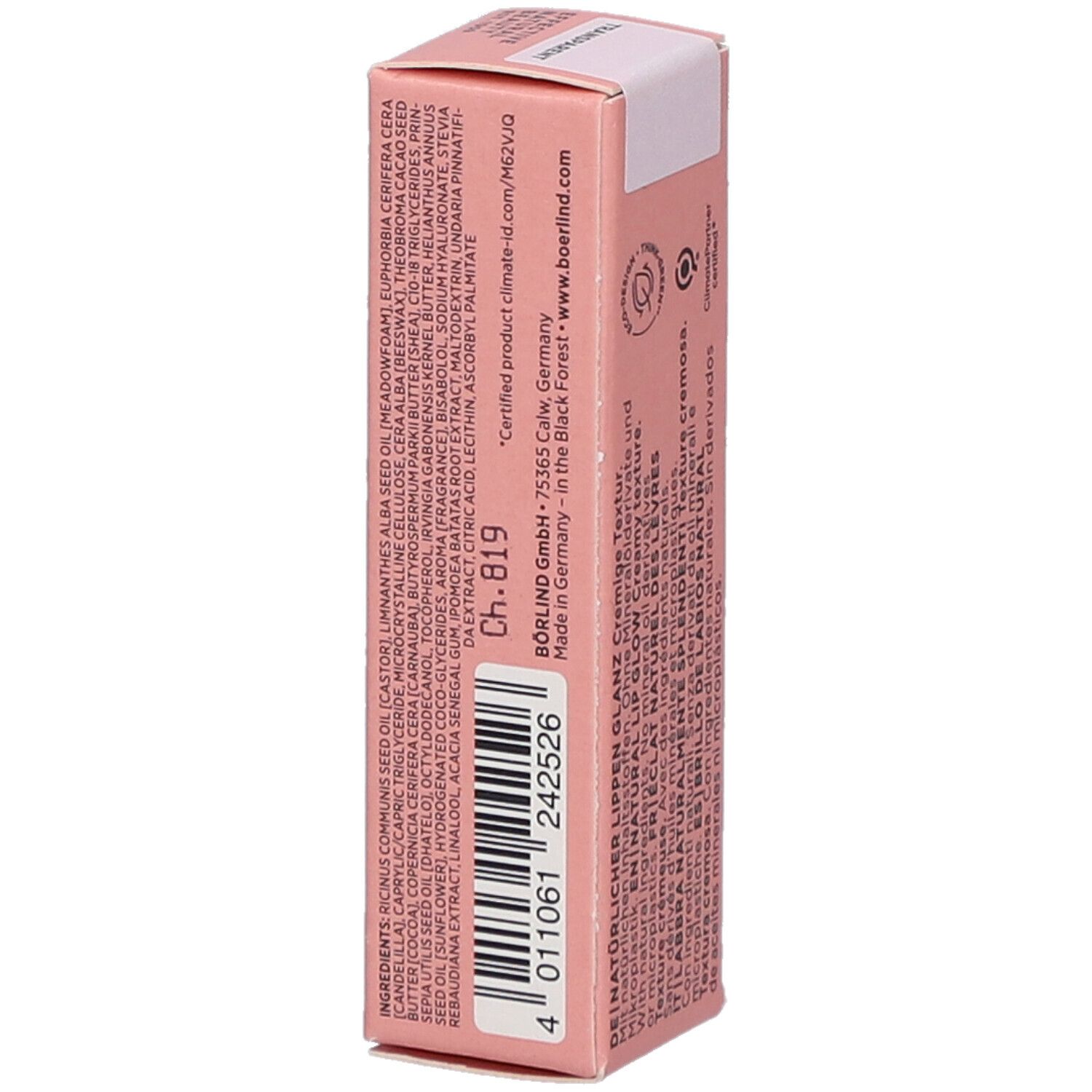 Emballage rose avec ingrédients et informations. Inscription: BÖRLIND. Made in Germany. Code-barres.