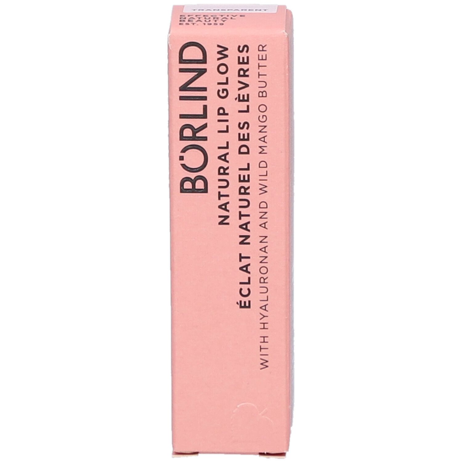 Emballage rose. Inscription: BÖRLIND NATURAL LIP GLOW. Contient Hyaluron et beurre de mangue. Vue verticale.