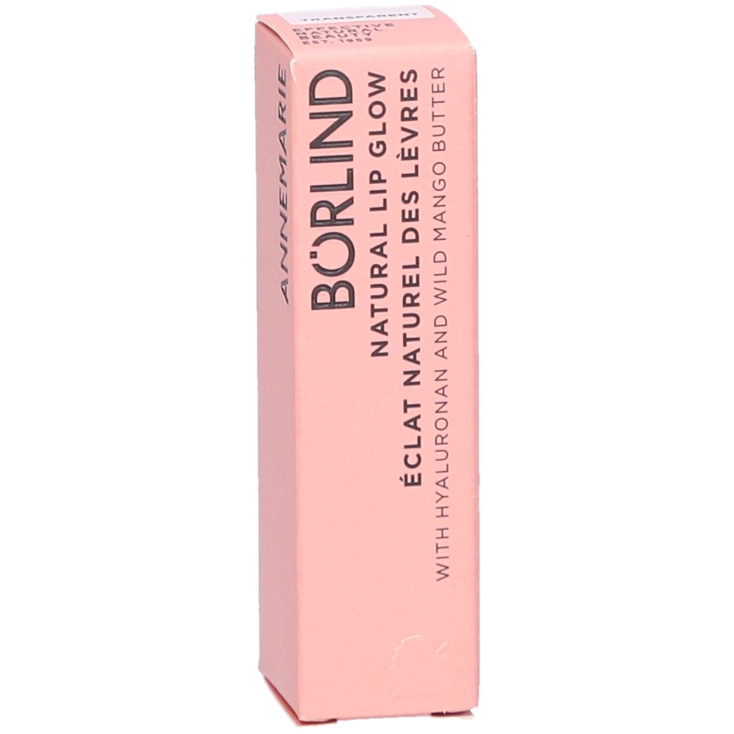 Emballage rose. Inscription: ANNEMARIE BÖRLIND. NATURAL LIP GLOW. Contient Hyaluron et beurre de mangue. Vue verticale.